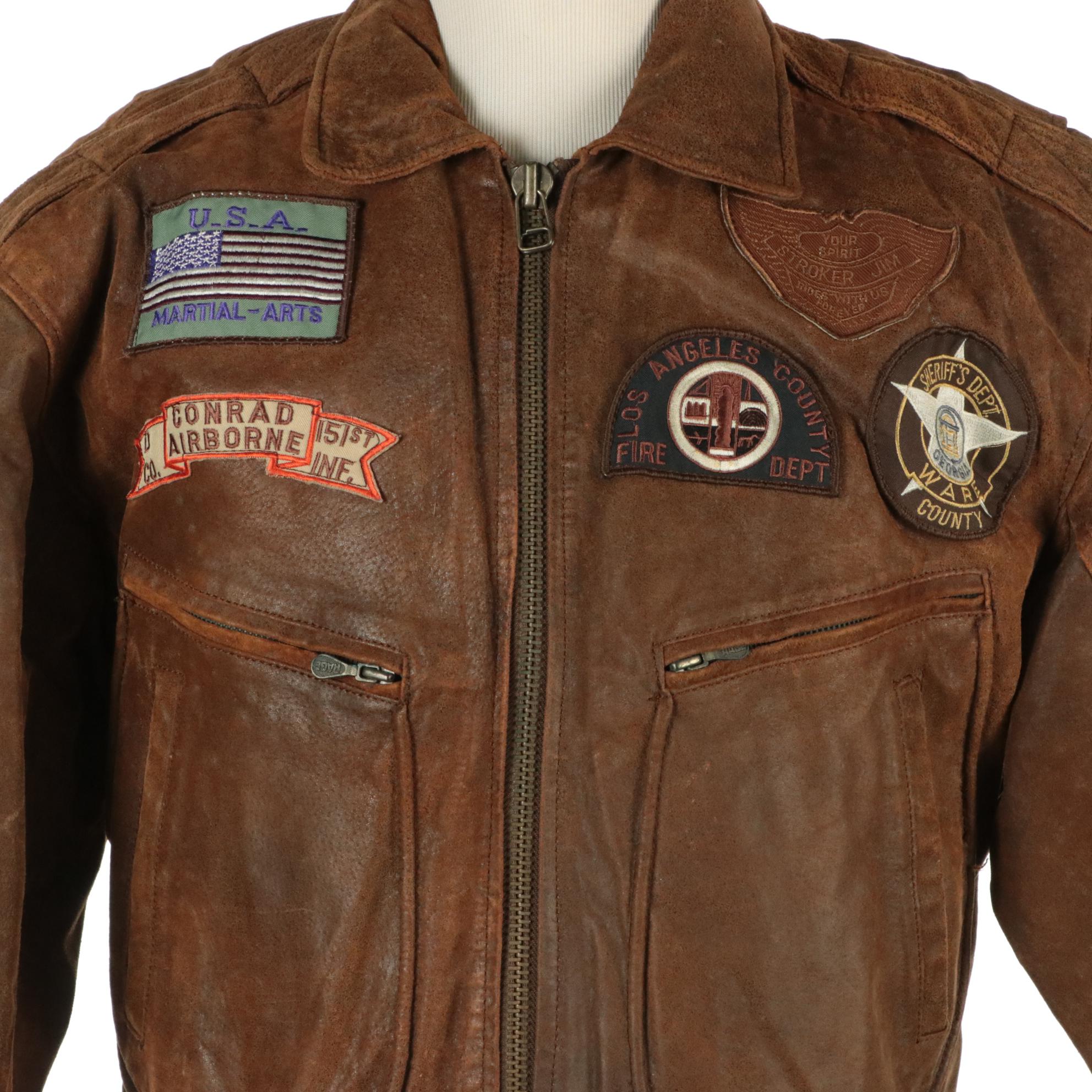 Men's Rage by Mirage Distressed Leather Bomber Style Patch Jacket