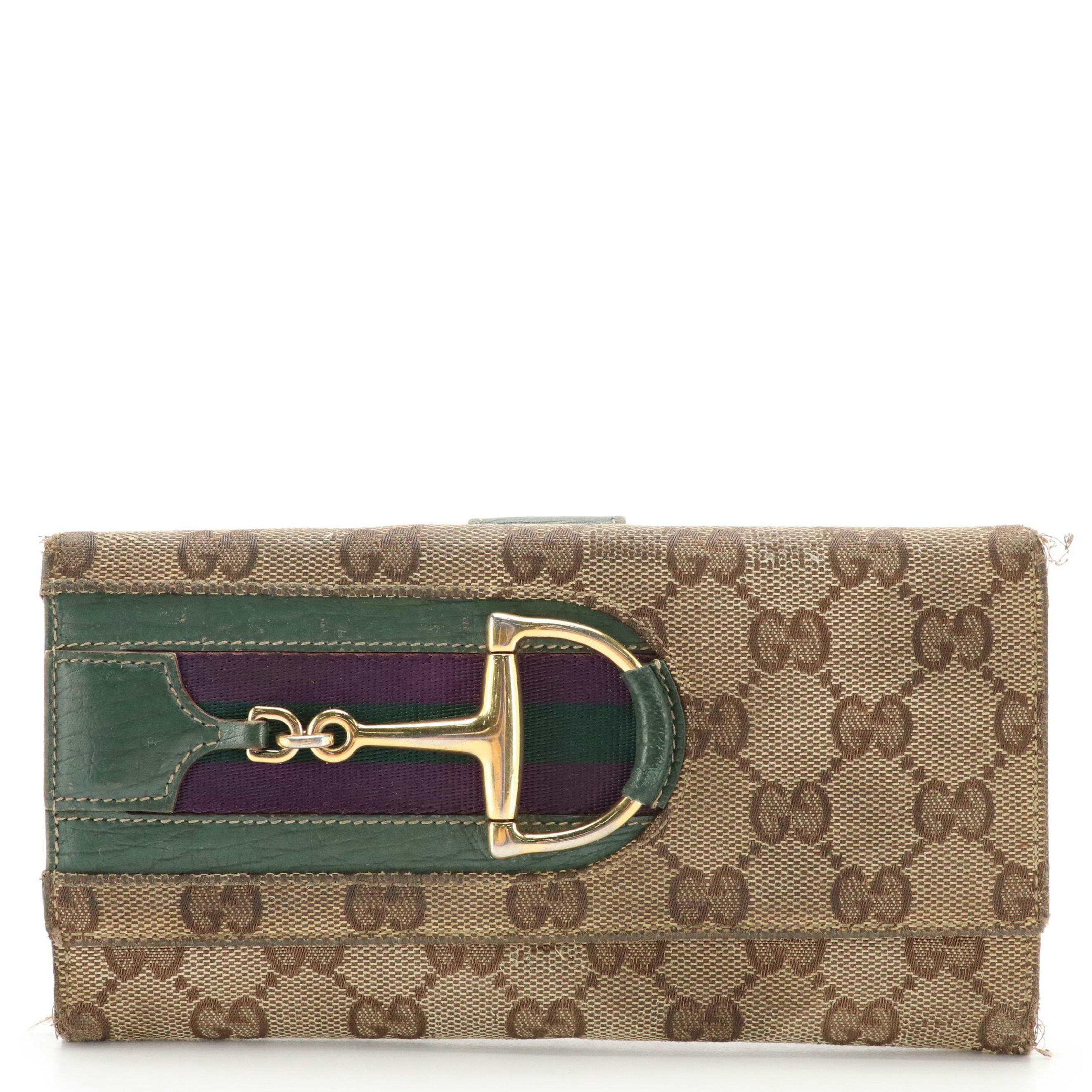 Gucci Hasler Horsebit Continental Wallet in Brown GG Canvas and Leather