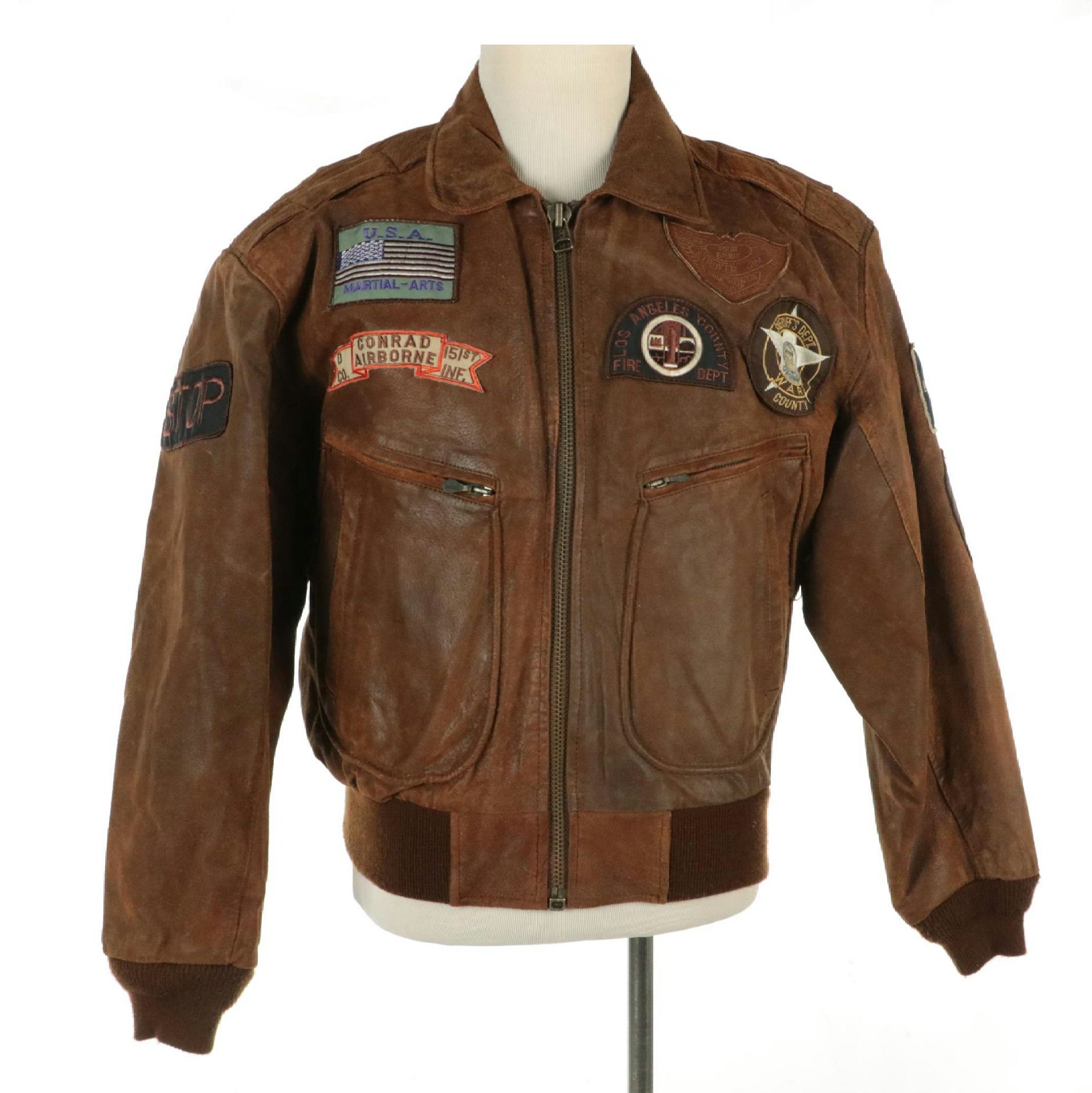 Men's Rage by Mirage Distressed Leather Bomber Style Patch Jacket