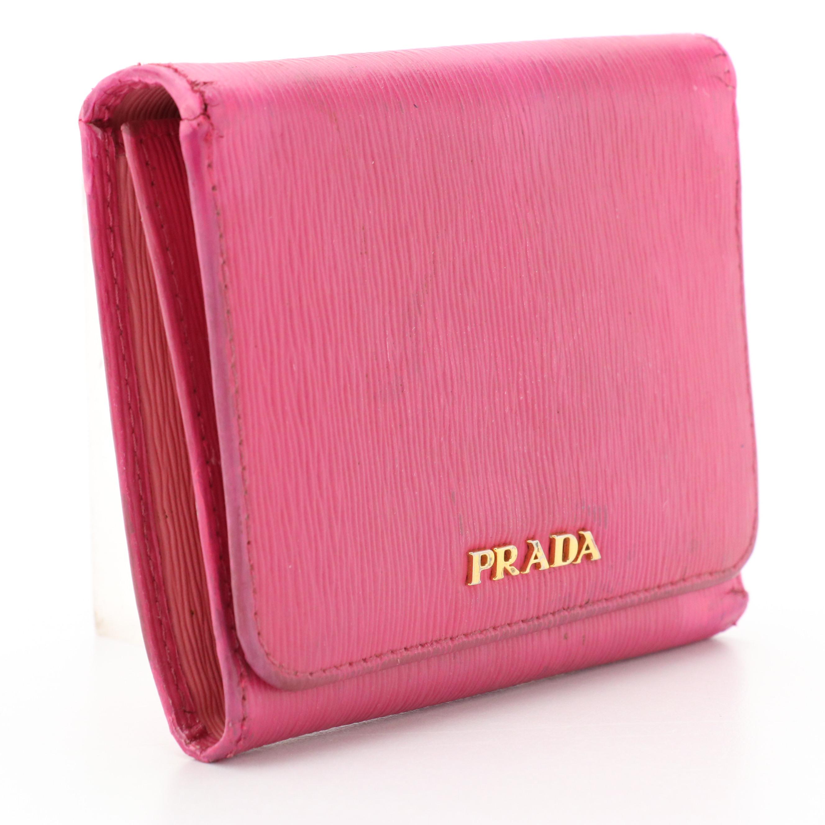 Prada Compact Wallet in Pink Textured Leather