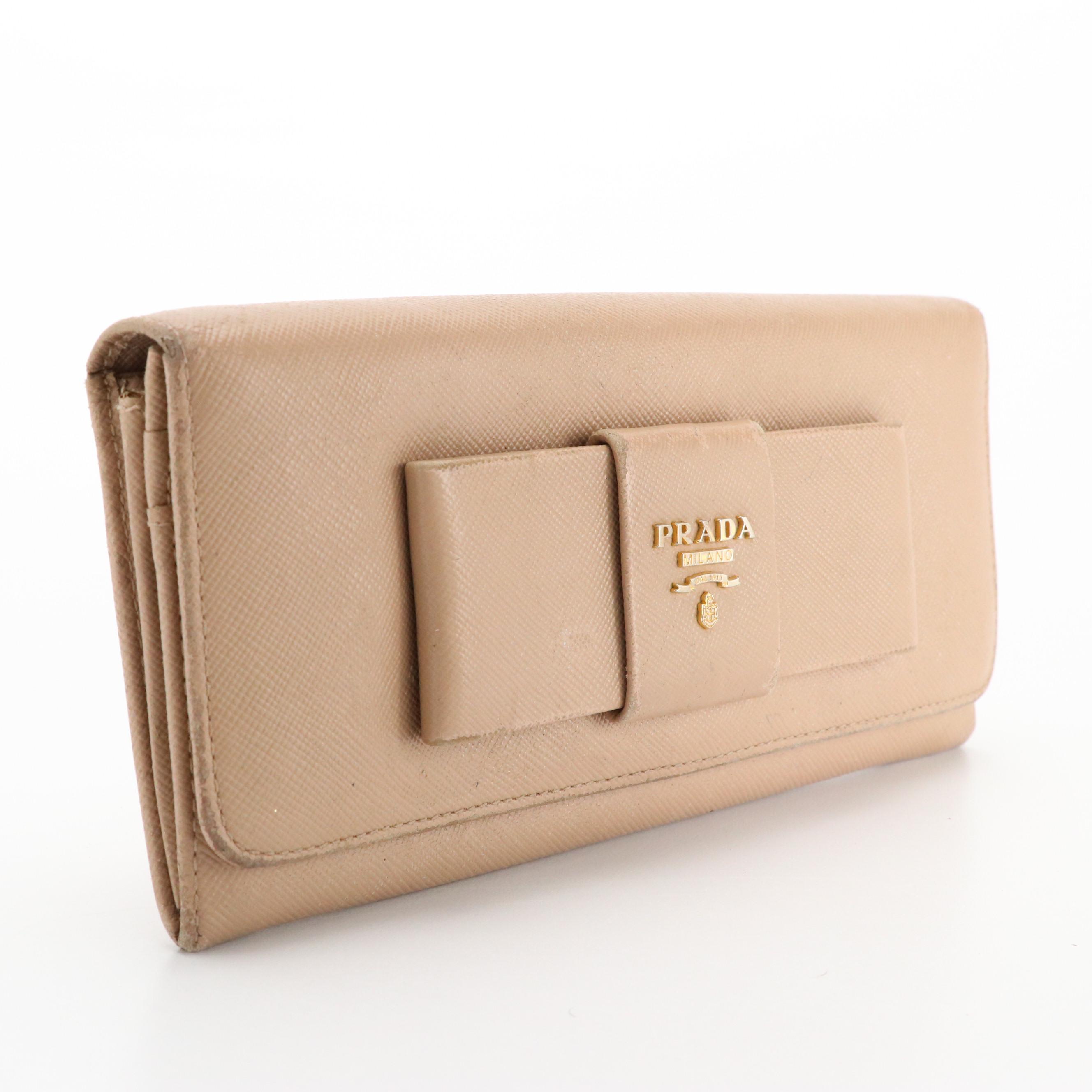 Prada Bow Continental Wallet in Taupe Saffiano Leather
