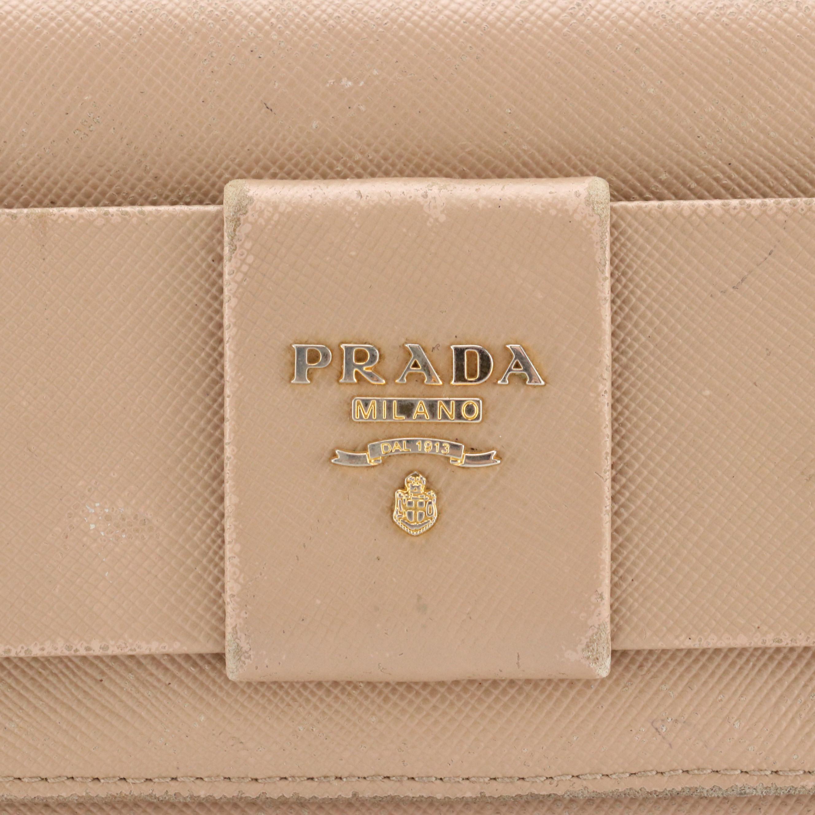 Prada Bow Continental Wallet in Taupe Saffiano Leather