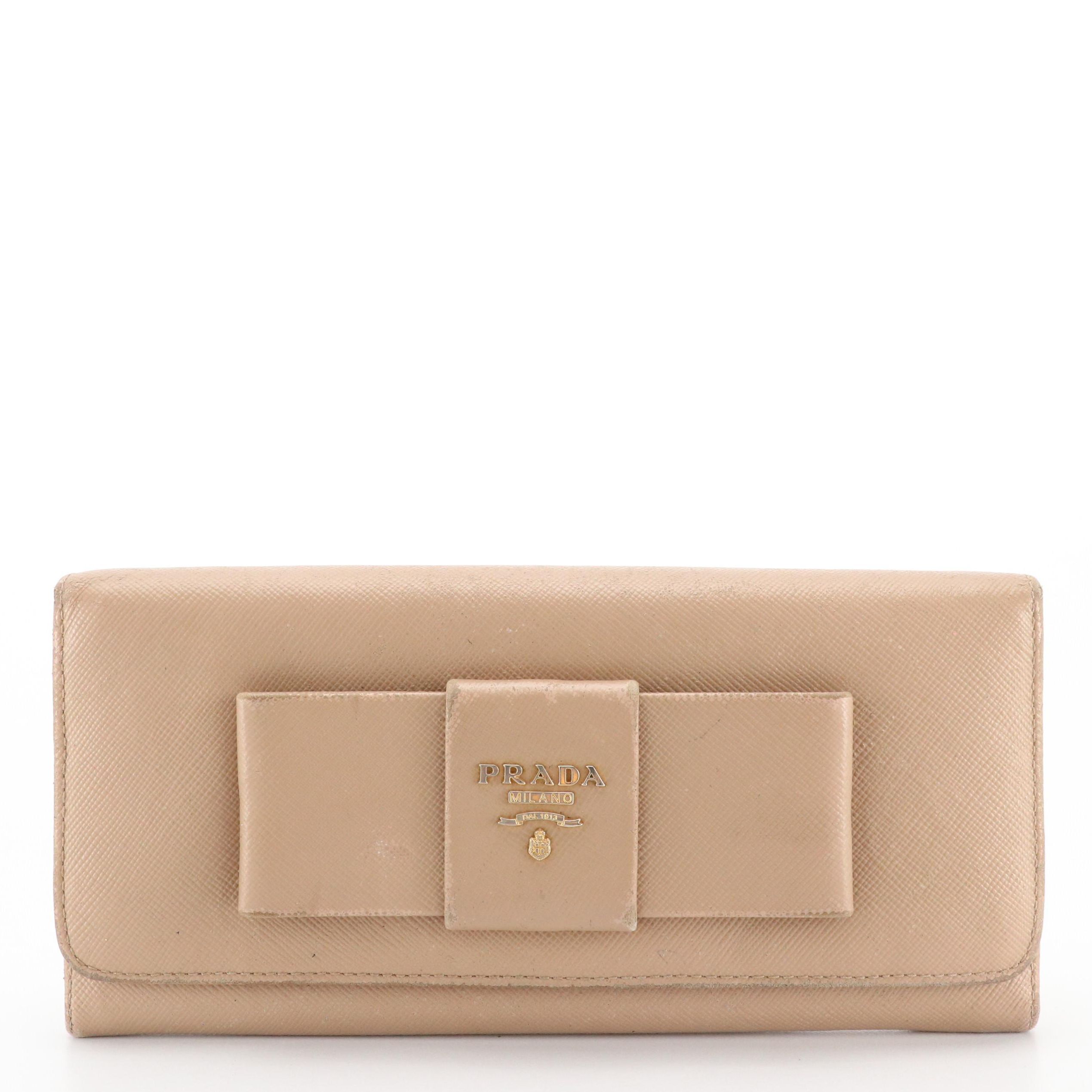 Prada Bow Continental Wallet in Taupe Saffiano Leather