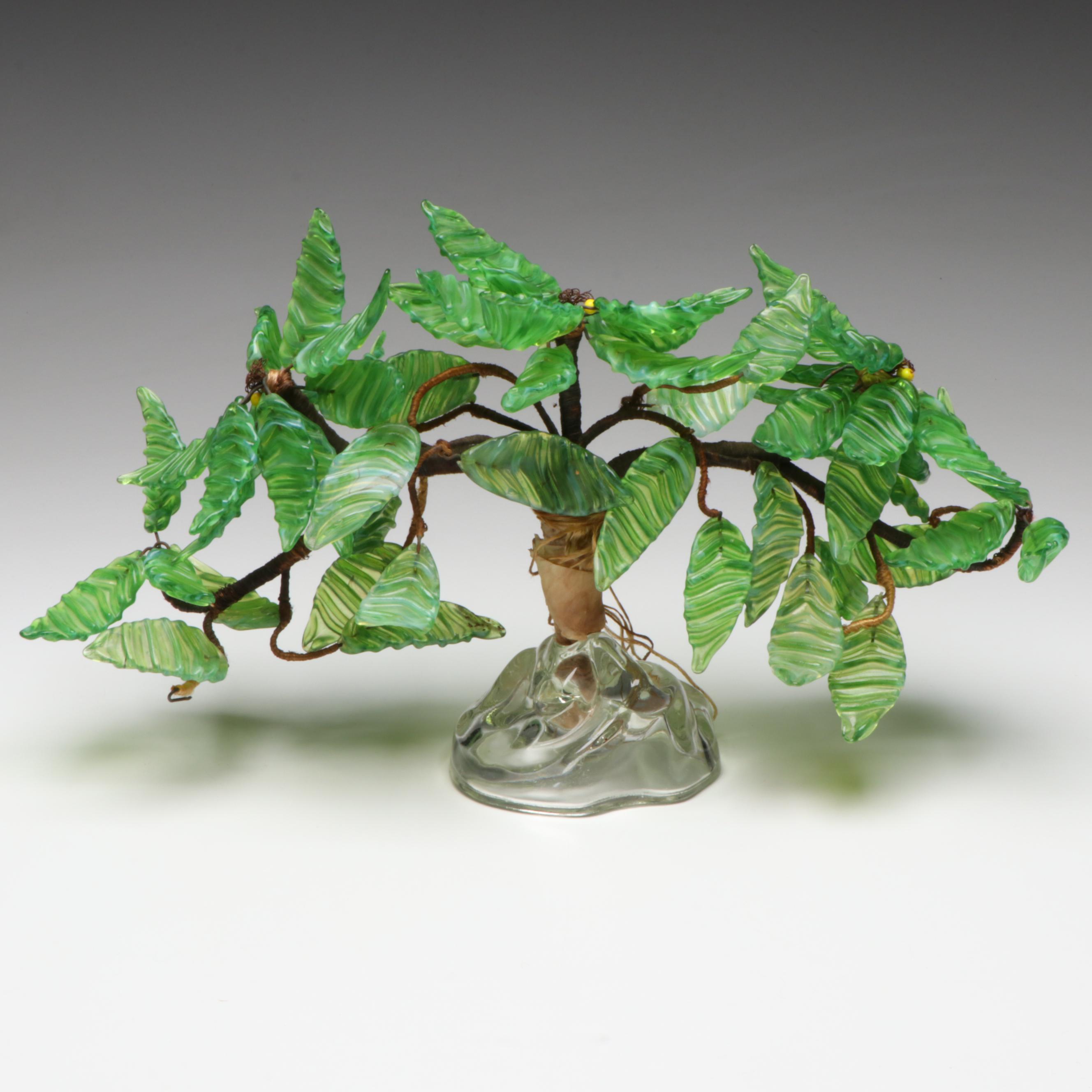 Art Deco Style Green Glass and Wire Bonsai Tree Sculpture, Early to Mid-20th C.
