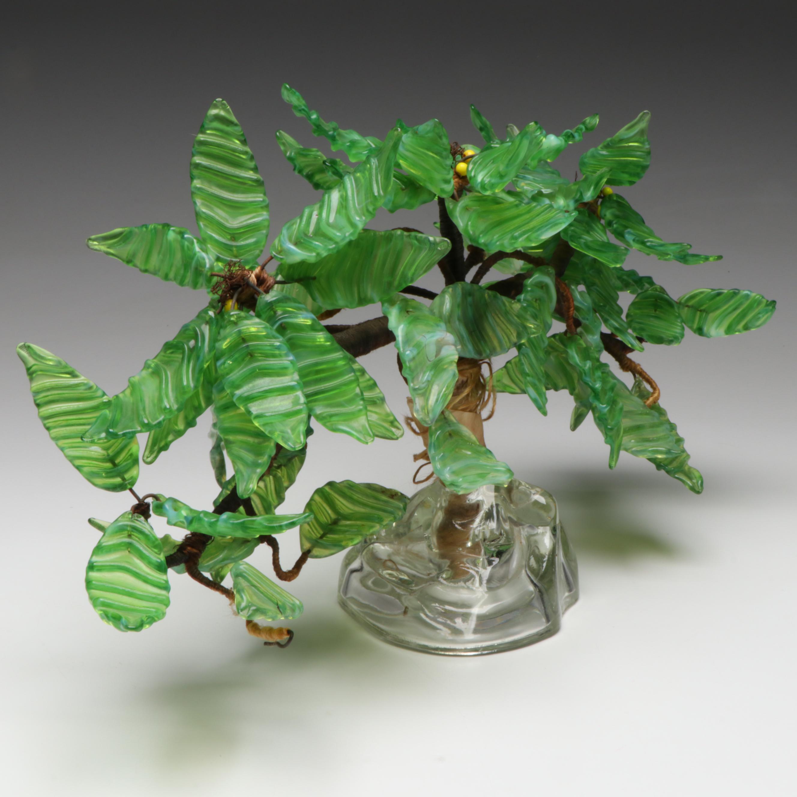 Art Deco Style Green Glass and Wire Bonsai Tree Sculpture, Early to Mid-20th C.