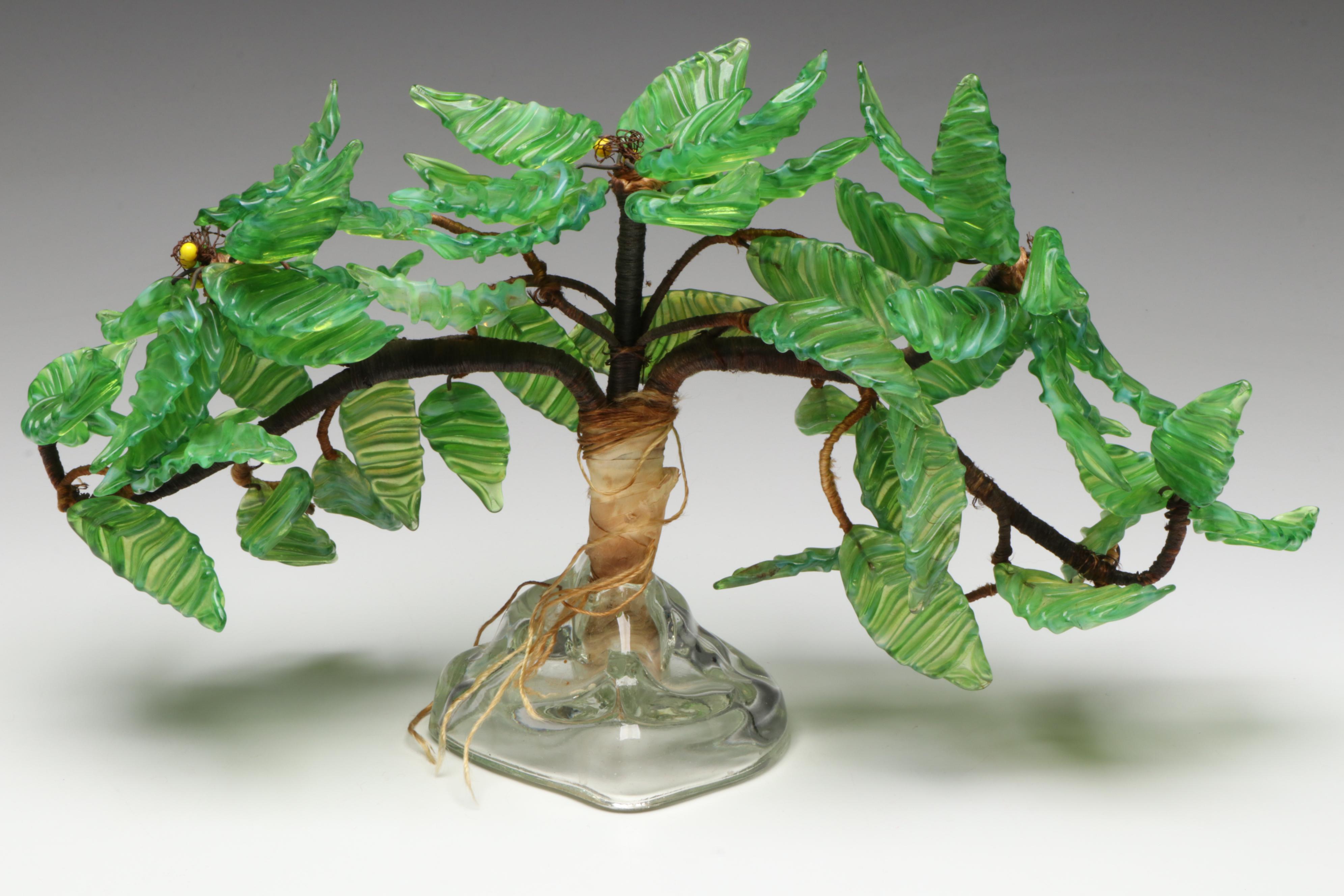 Art Deco Style Green Glass and Wire Bonsai Tree Sculpture, Early to Mid-20th C.