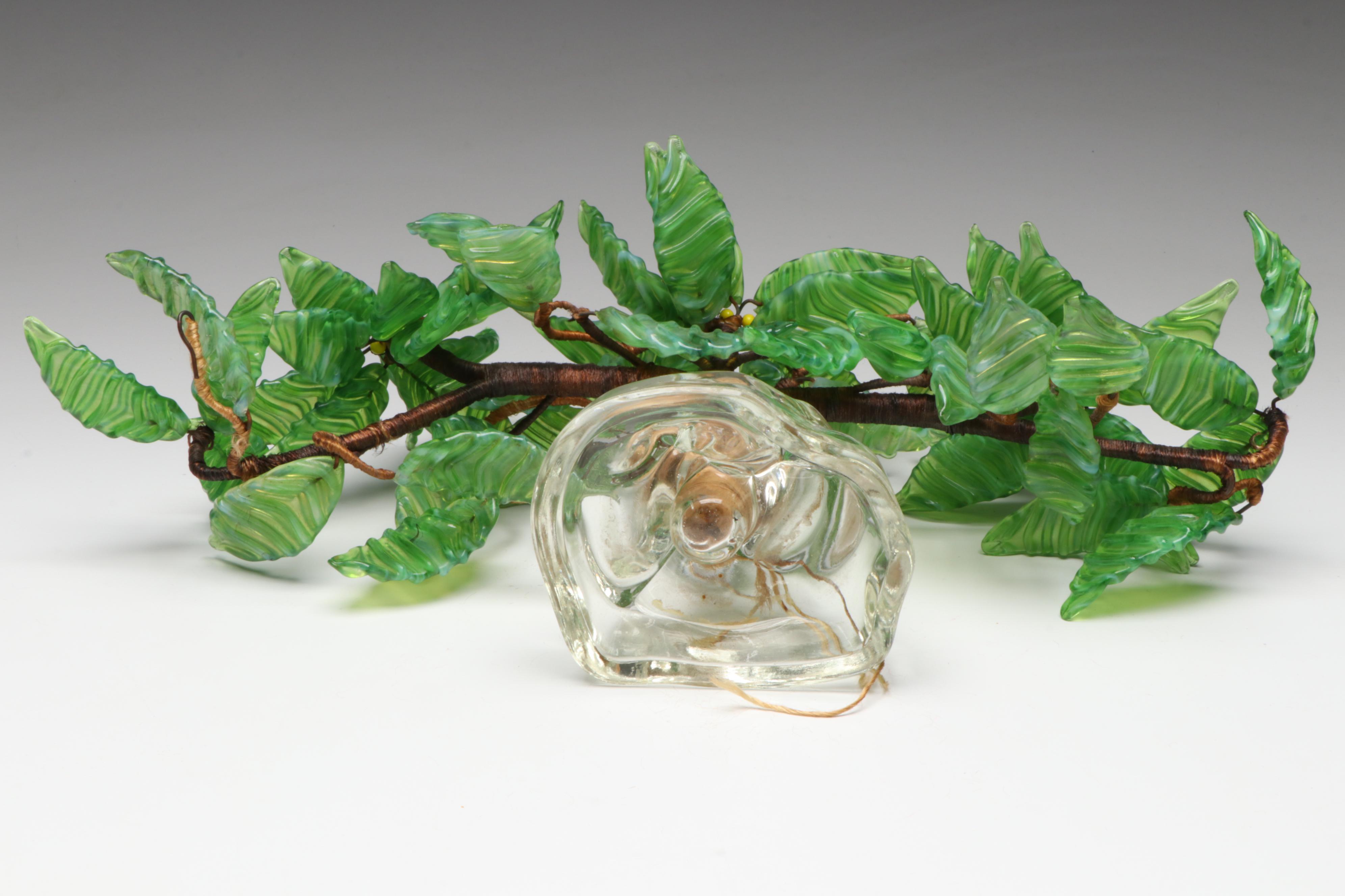 Art Deco Style Green Glass and Wire Bonsai Tree Sculpture, Early to Mid-20th C.