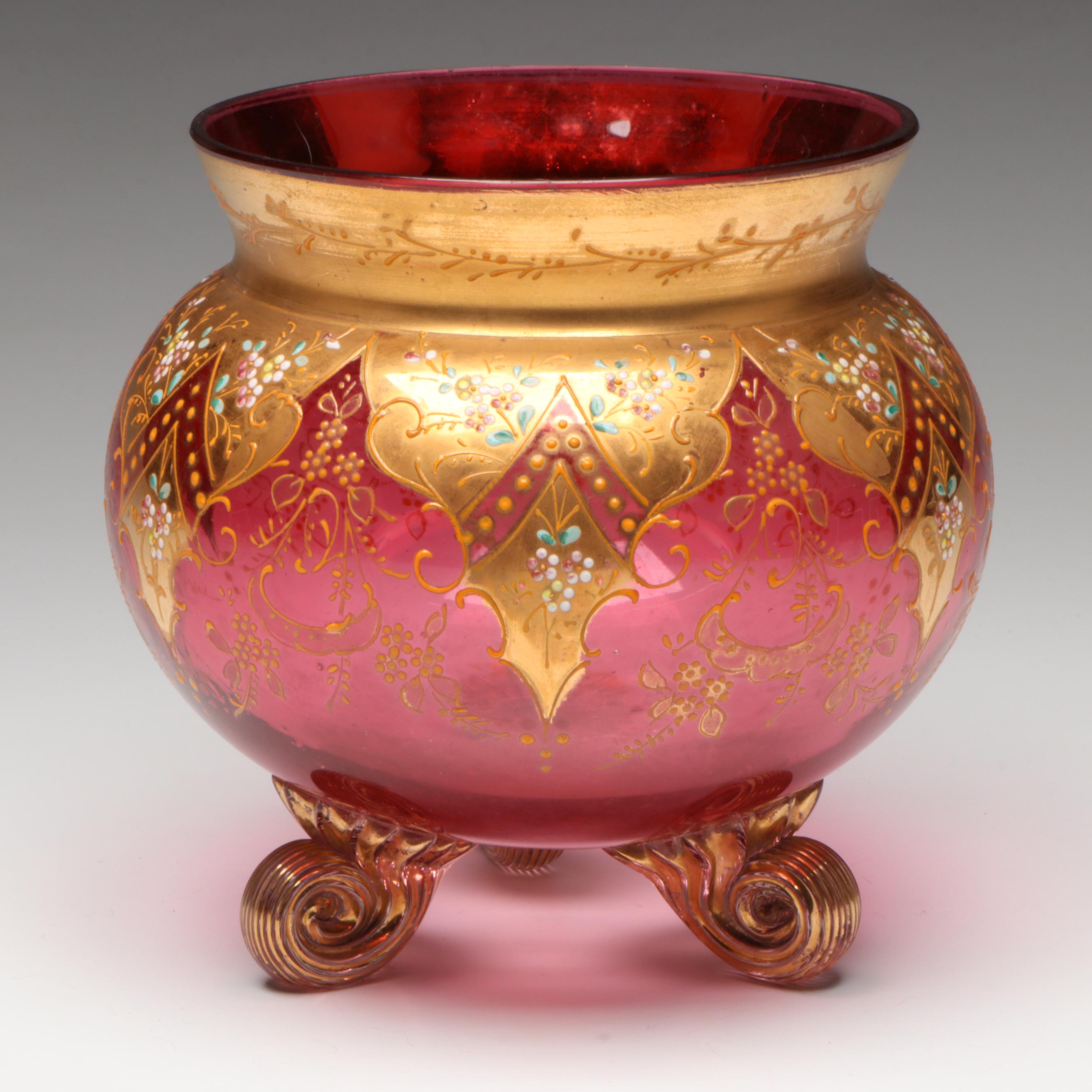 Moser Style Hand-Painted Enamel Scrolled Foot Cranberry Glass Rose Bowl