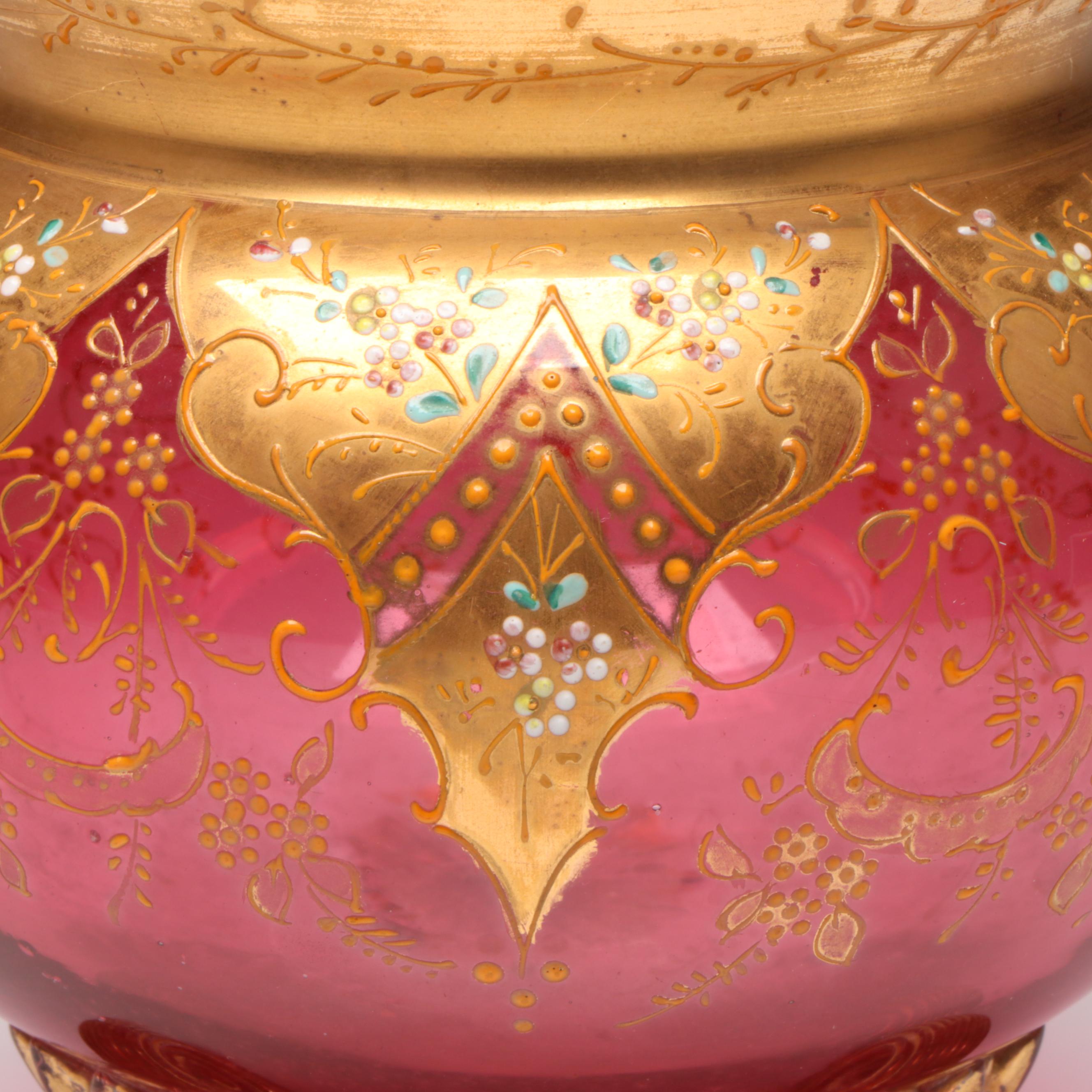 Moser Style Hand-Painted Enamel Scrolled Foot Cranberry Glass Rose Bowl