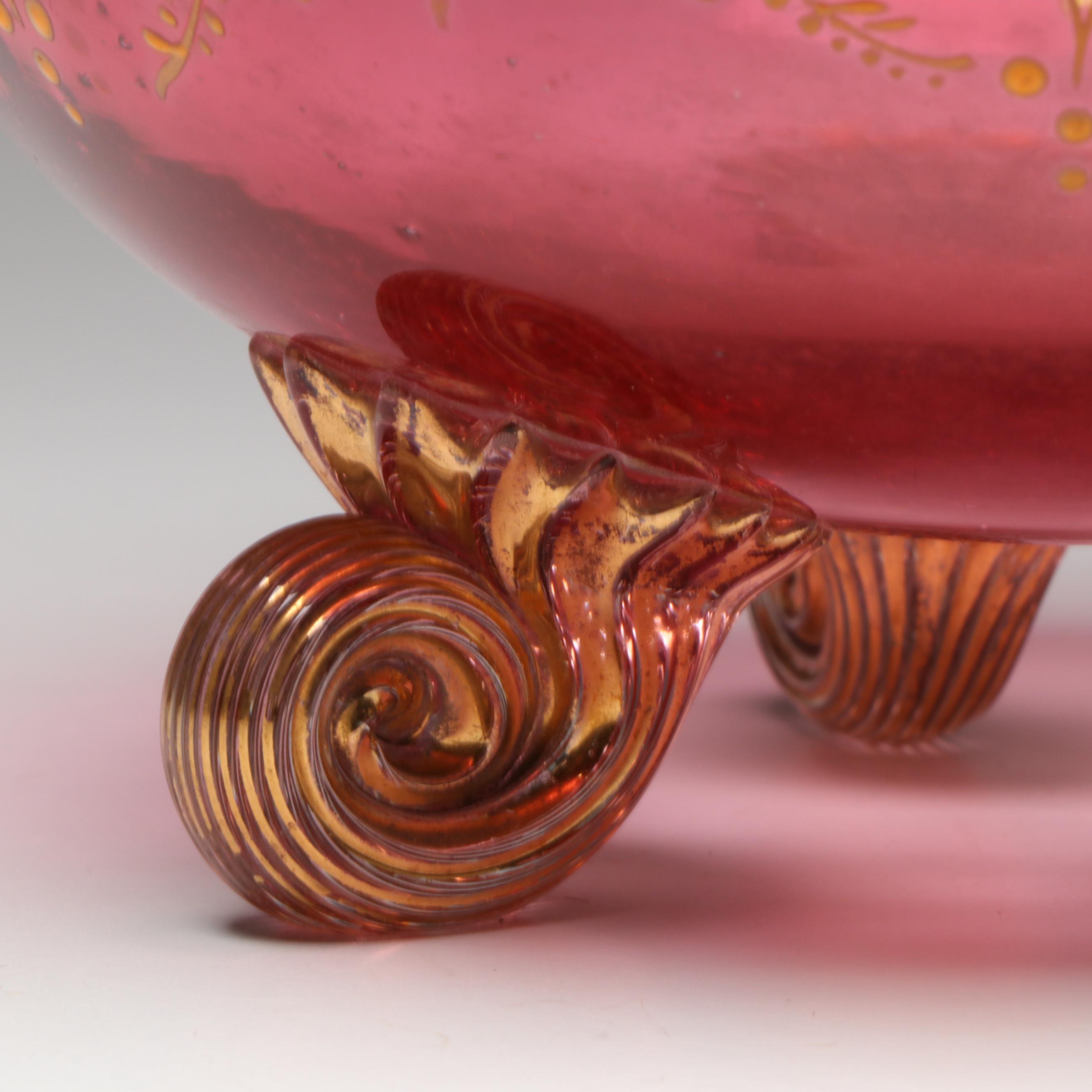 Moser Style Hand-Painted Enamel Scrolled Foot Cranberry Glass Rose Bowl