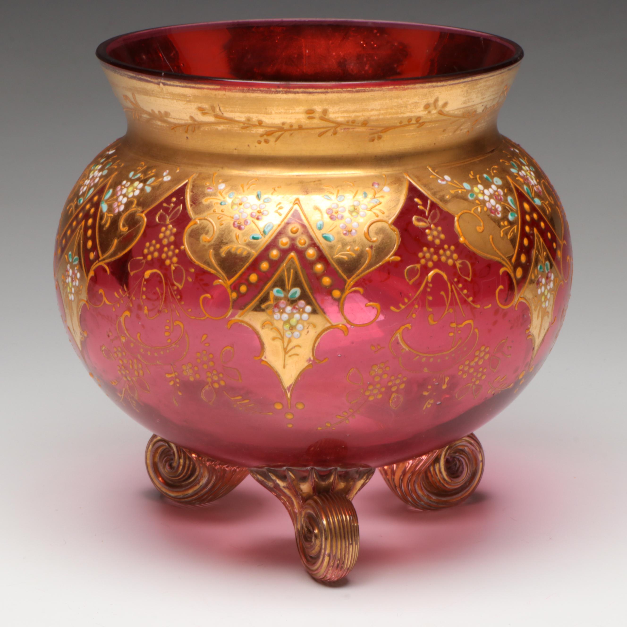 Moser Style Hand-Painted Enamel Scrolled Foot Cranberry Glass Rose Bowl