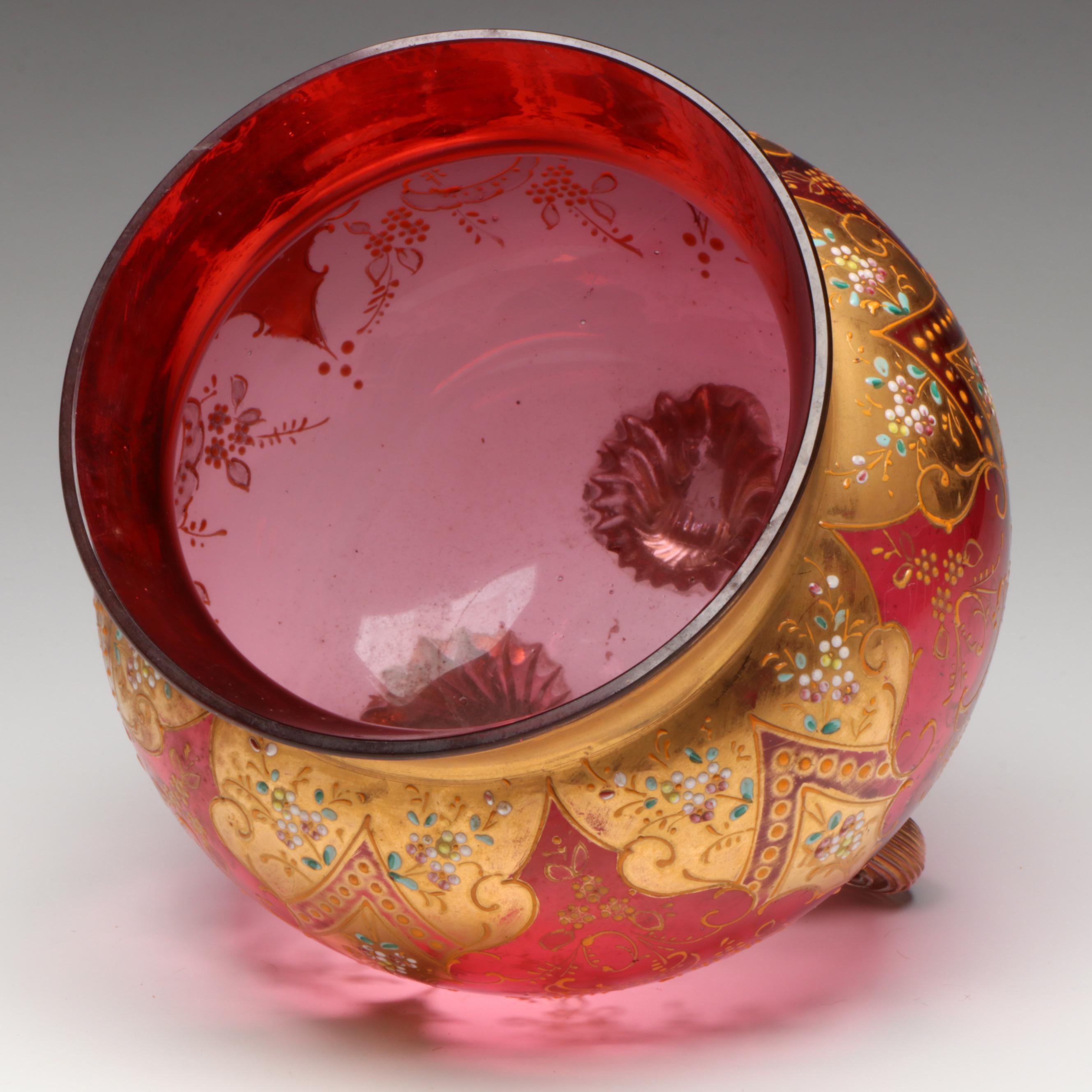 Moser Style Hand-Painted Enamel Scrolled Foot Cranberry Glass Rose Bowl