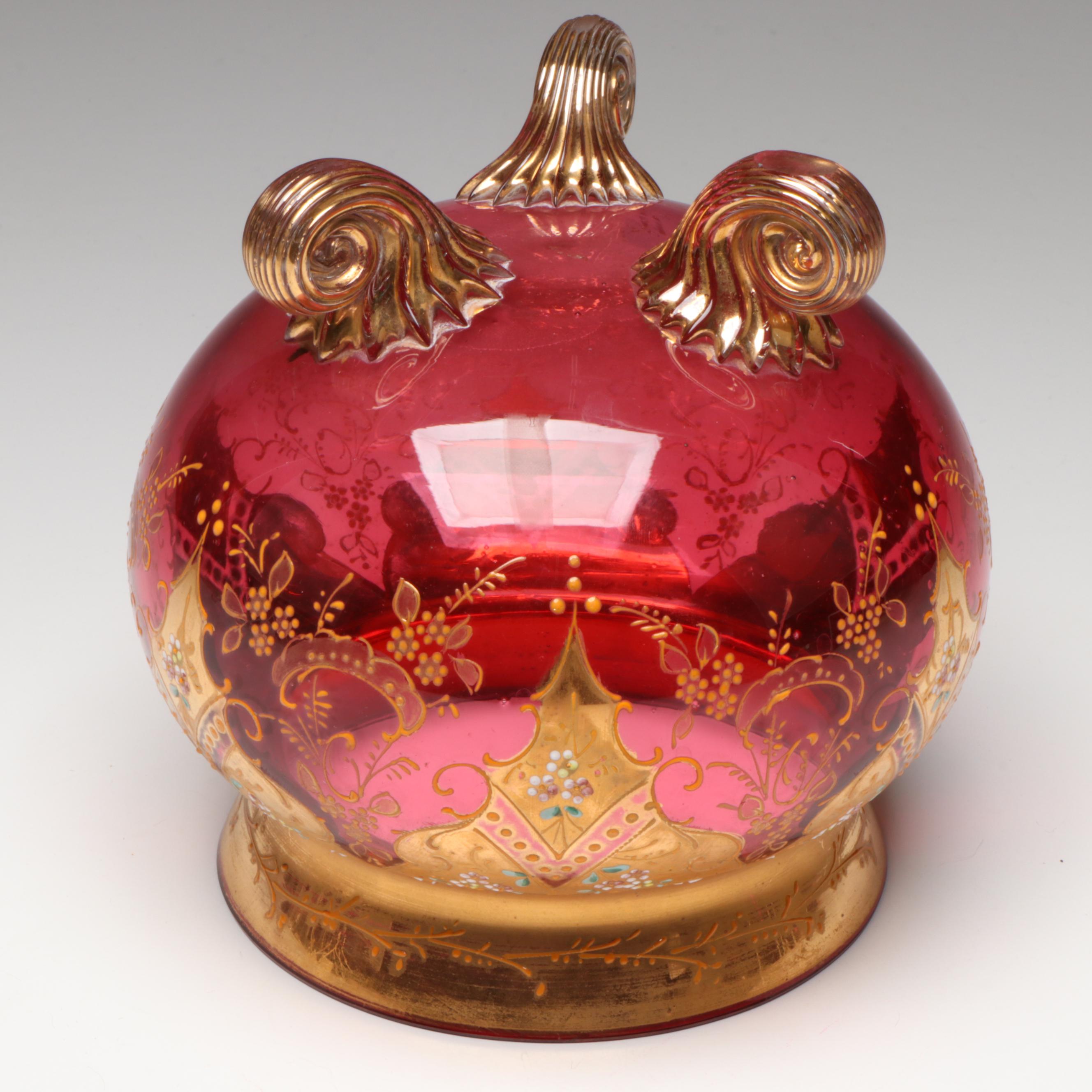 Moser Style Hand-Painted Enamel Scrolled Foot Cranberry Glass Rose Bowl