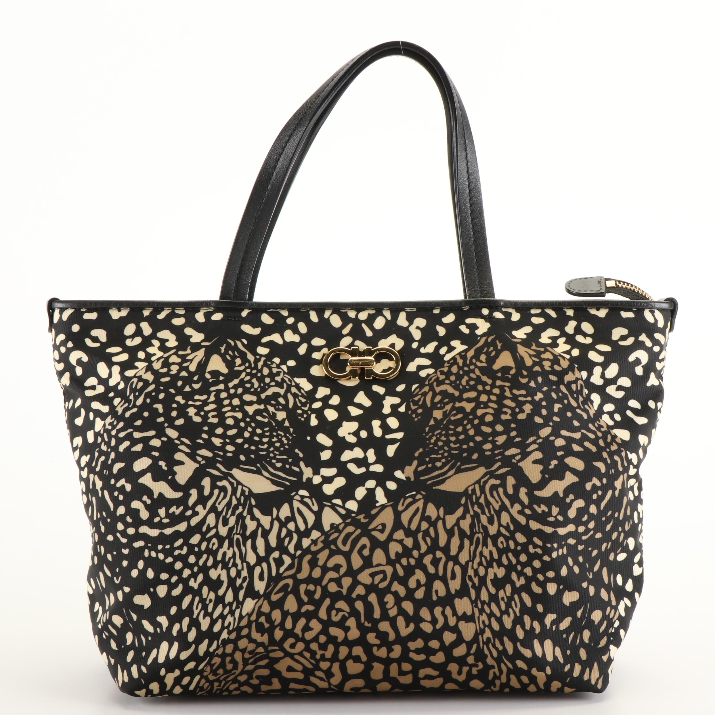 Salvatore Ferragamo Gancini Leopard Print Tote Bag in Nylon and Leather