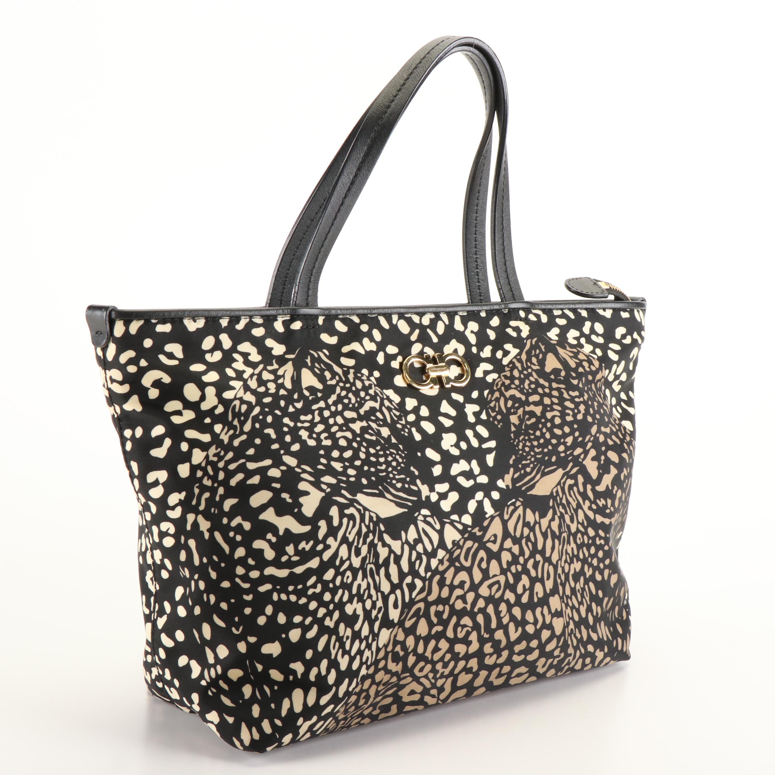 Salvatore Ferragamo Gancini Leopard Print Tote Bag in Nylon and Leather
