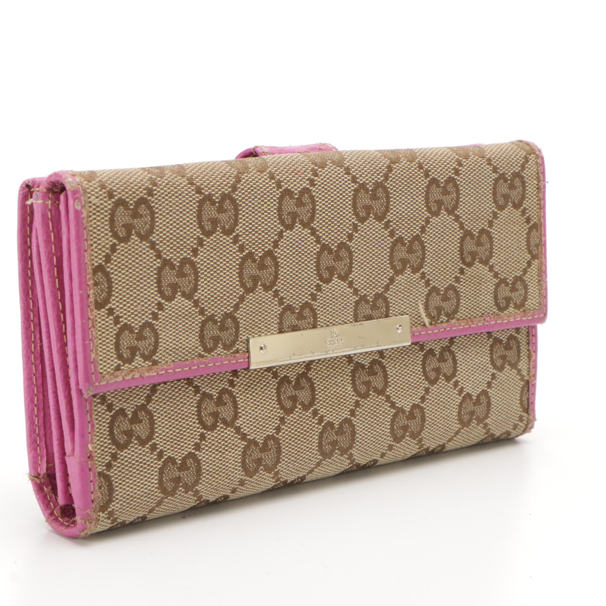 Gucci Continental Wallet in Brown Monogram Canvas and Pink Leather Trim
