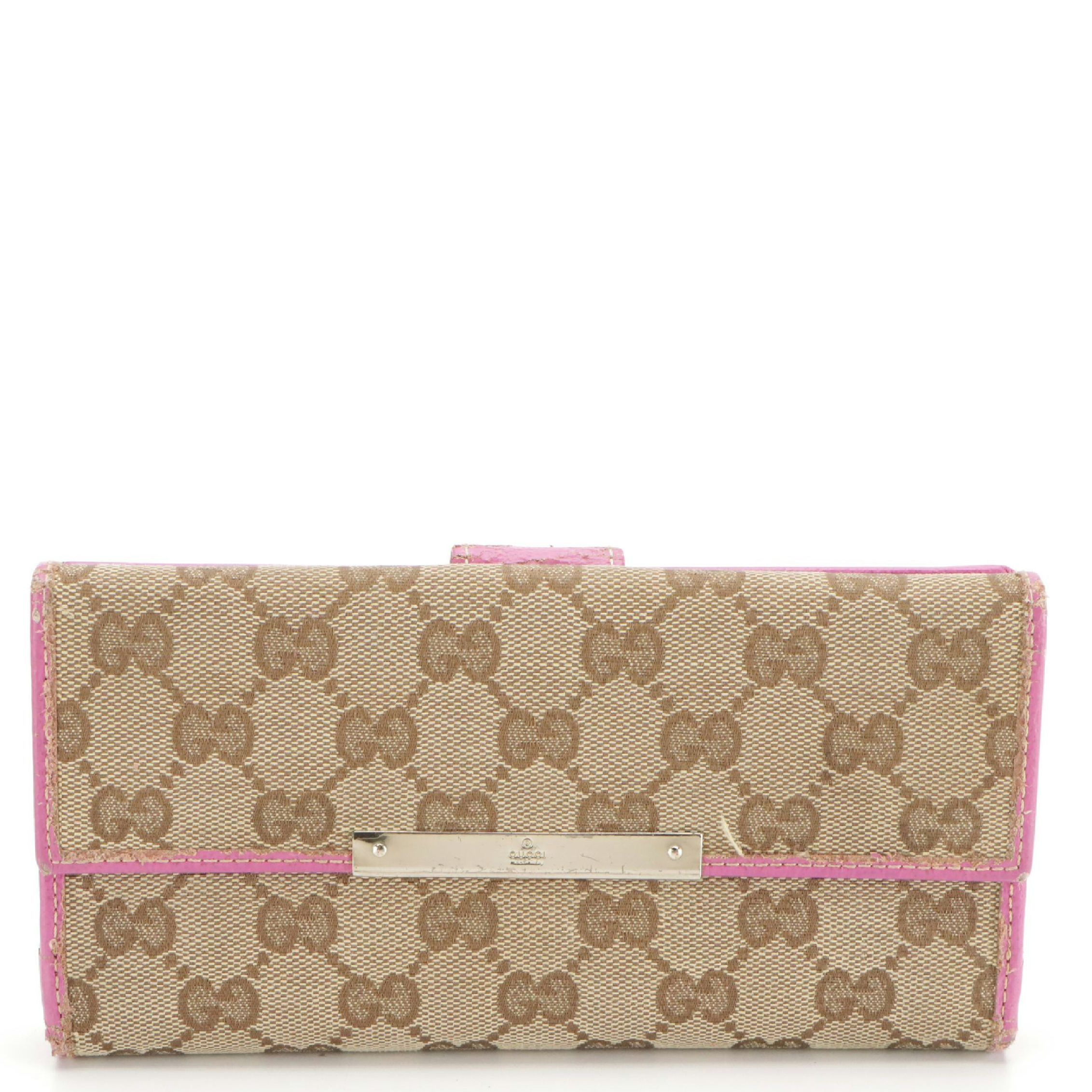 Gucci Continental Wallet in Brown Monogram Canvas and Pink Leather Trim