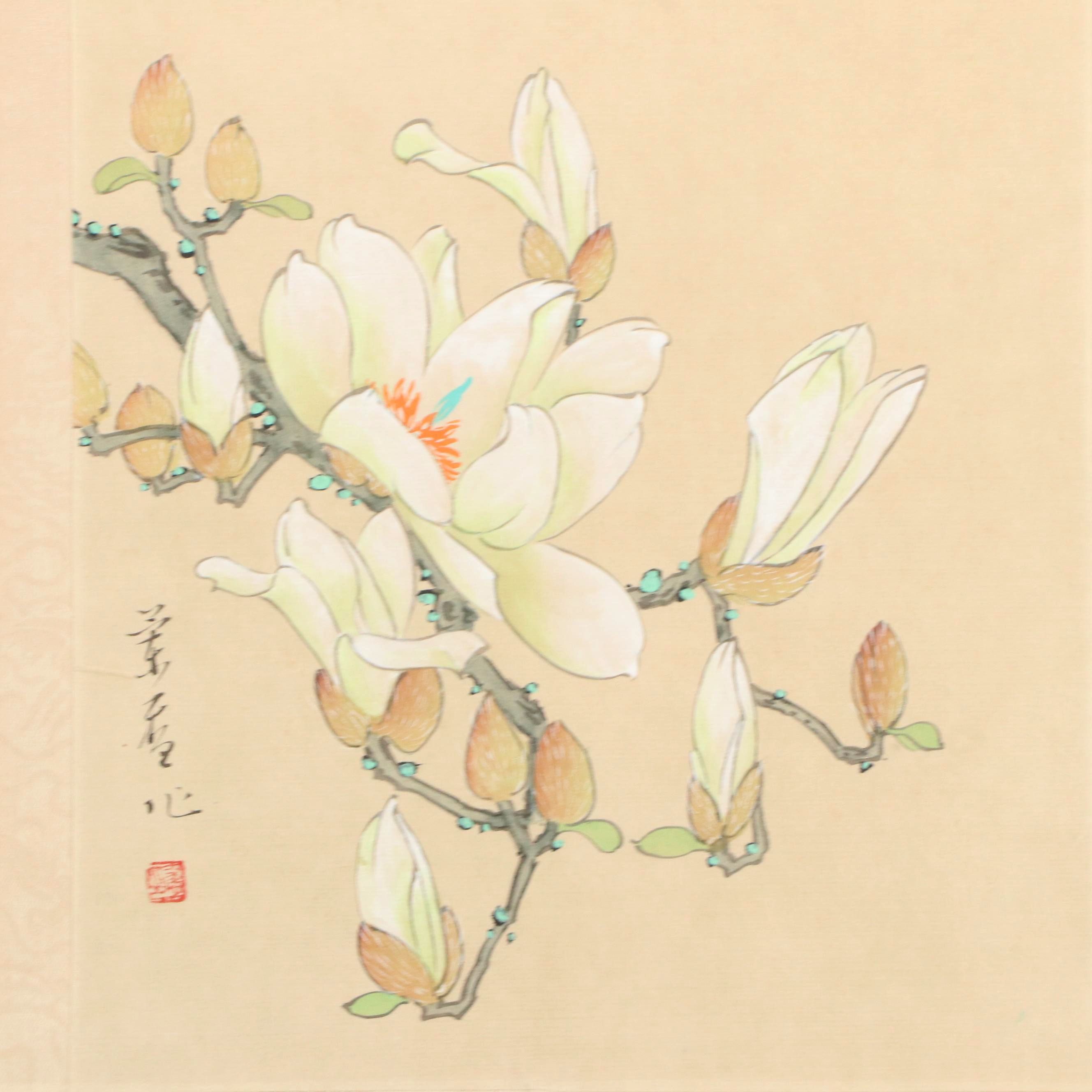 Chinese Floral Gouache Paintings with Embroidered Silk Panel