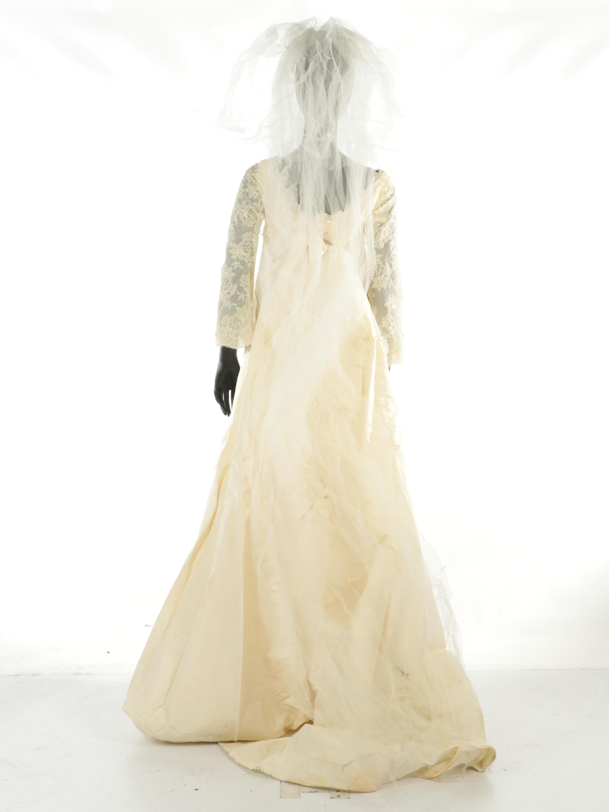 Priscilla of Boston Watteau Train Wedding Dress in Ivory Peau de Soie with Box