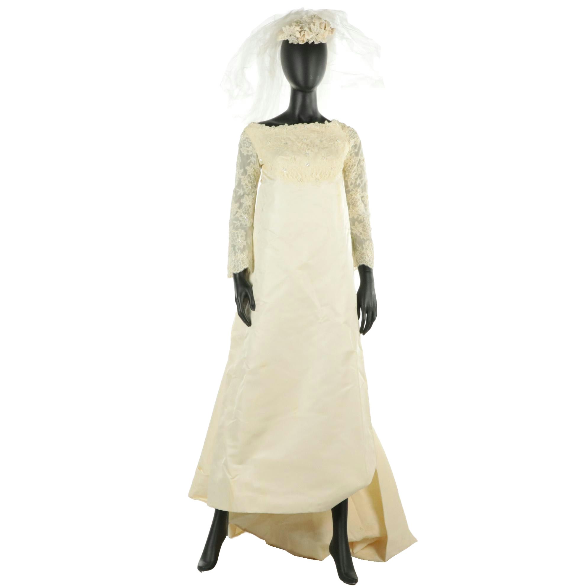 Priscilla of Boston Watteau Train Wedding Dress in Ivory Peau de Soie with Box