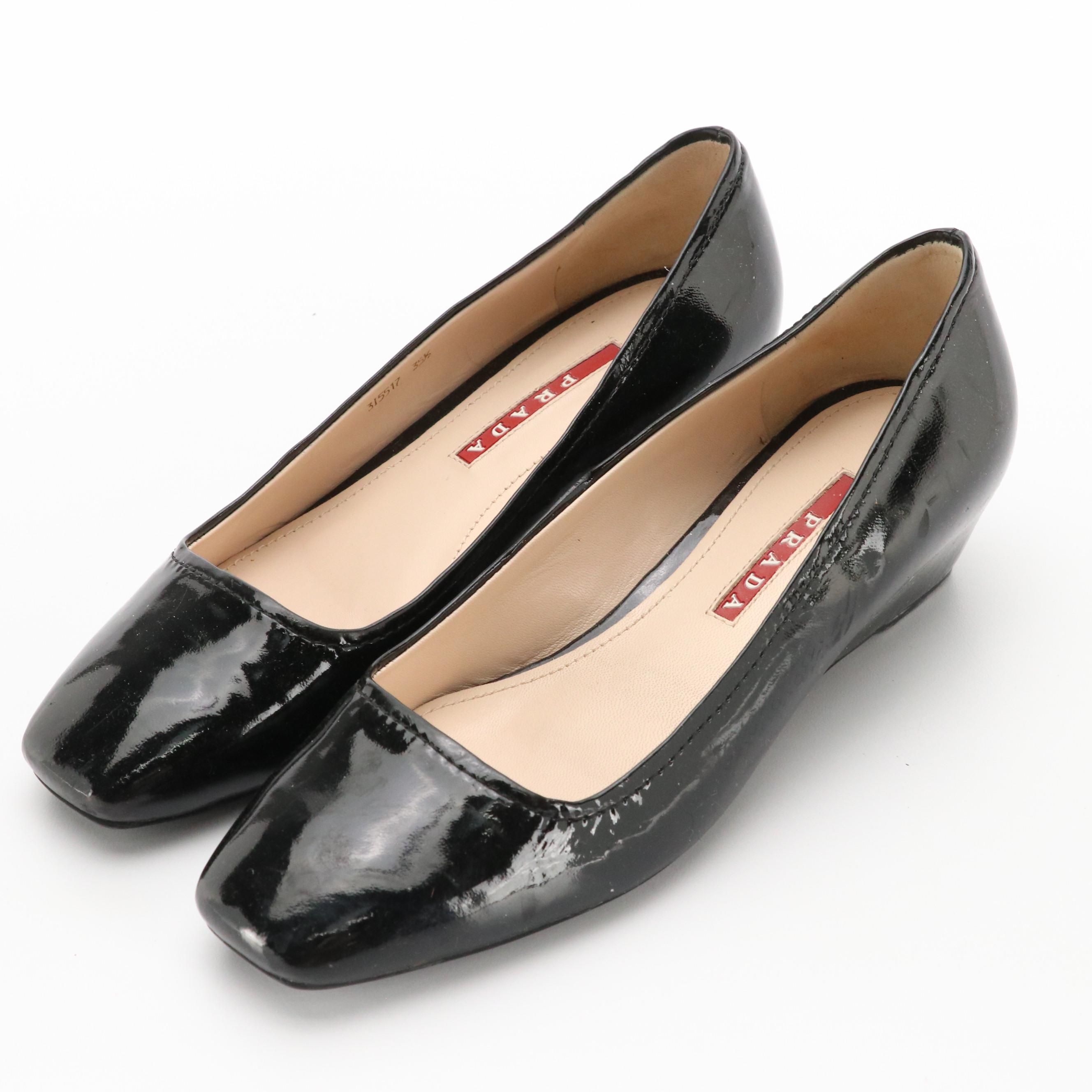Prada Black Patent Leather Square-Toe Kitten Wedges