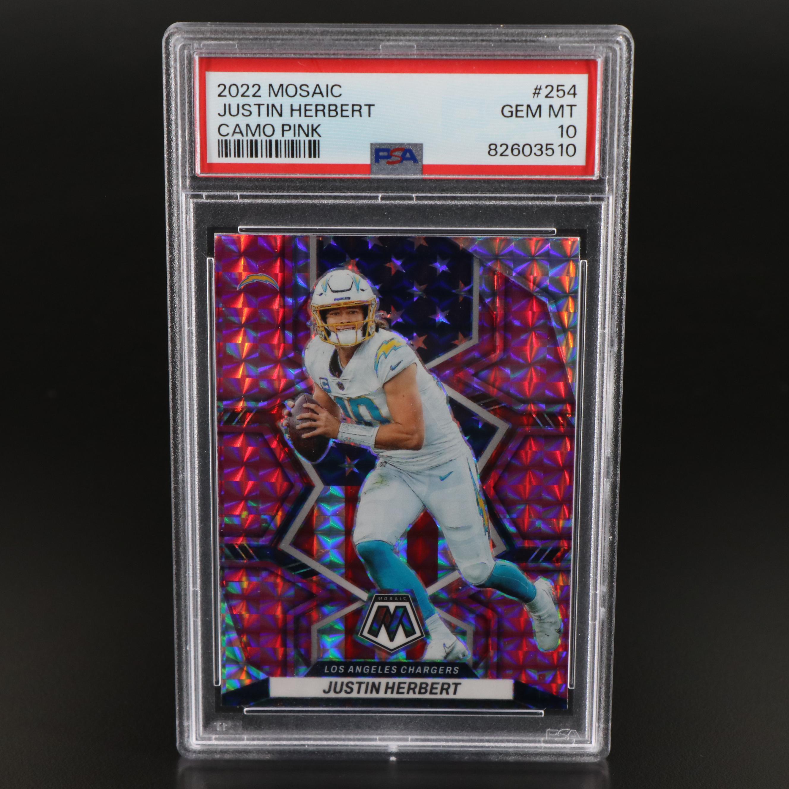 2022 Mosaic Justin Herbert Camo Pink  Football Card Graded PSA 10