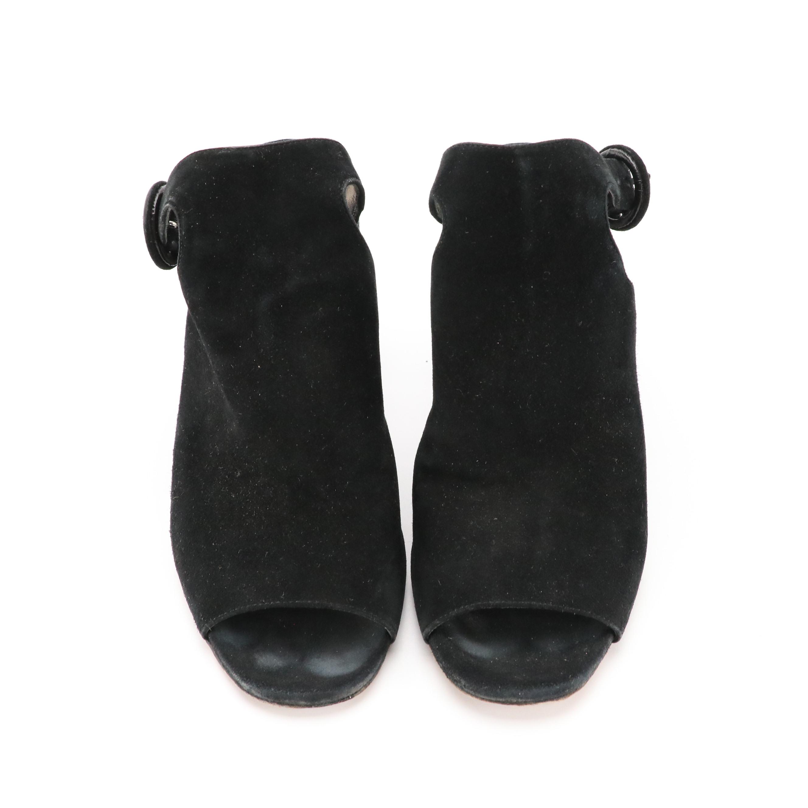 Prada Black Suede Ankle-Strap Block Heel Peep-Toe Sandals