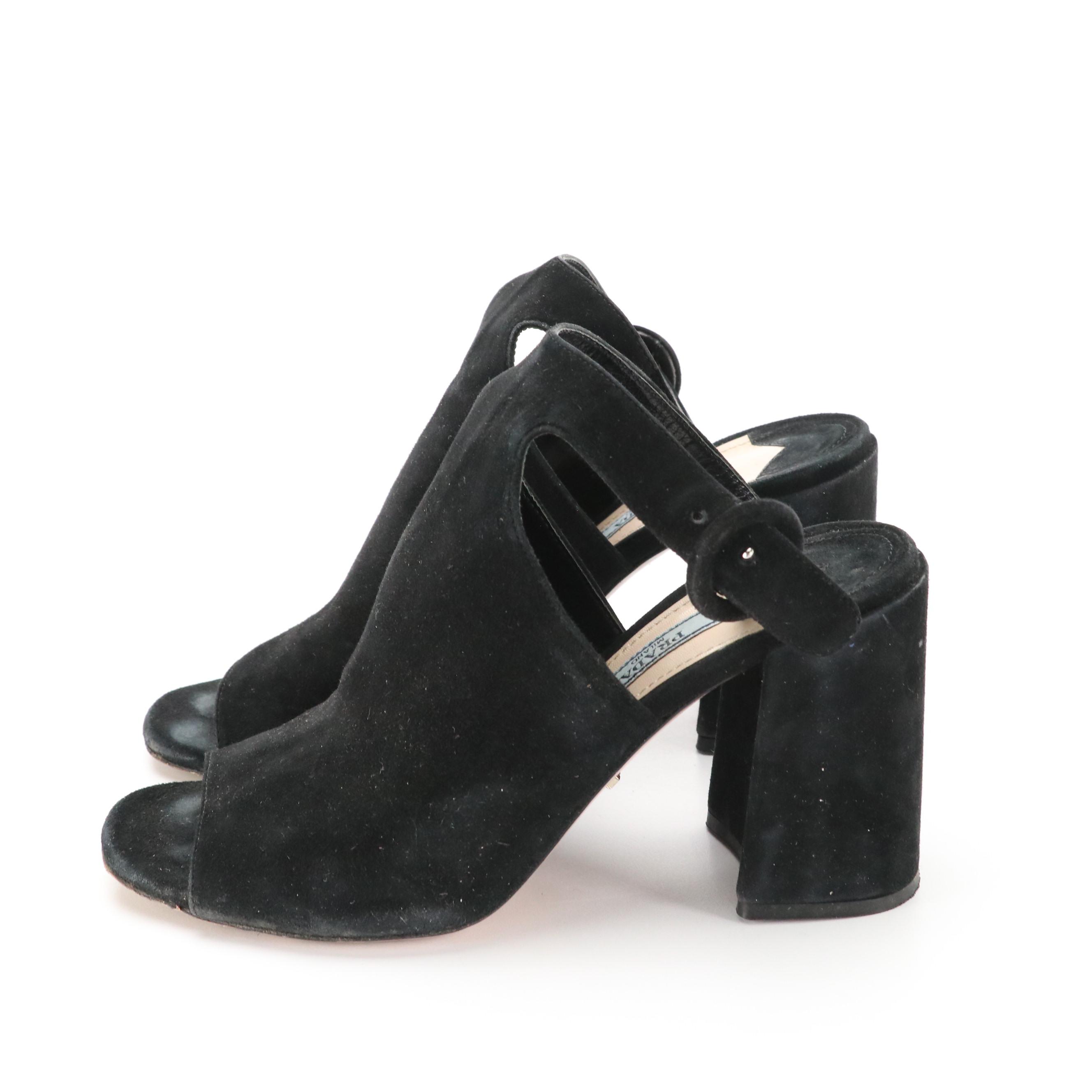 Prada Black Suede Ankle-Strap Block Heel Peep-Toe Sandals