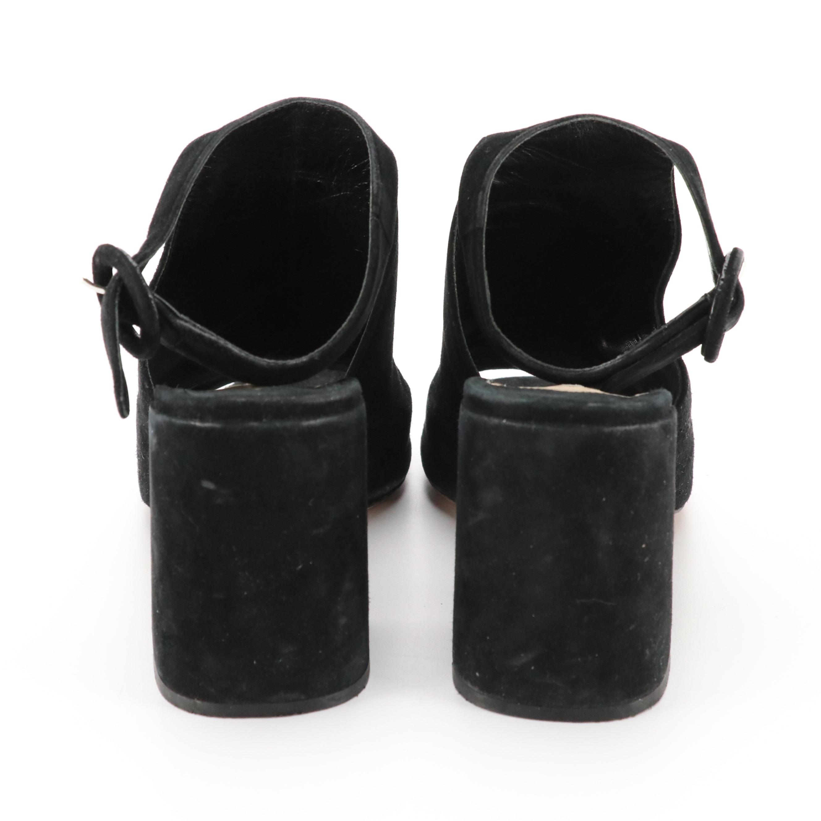 Prada Black Suede Ankle-Strap Block Heel Peep-Toe Sandals