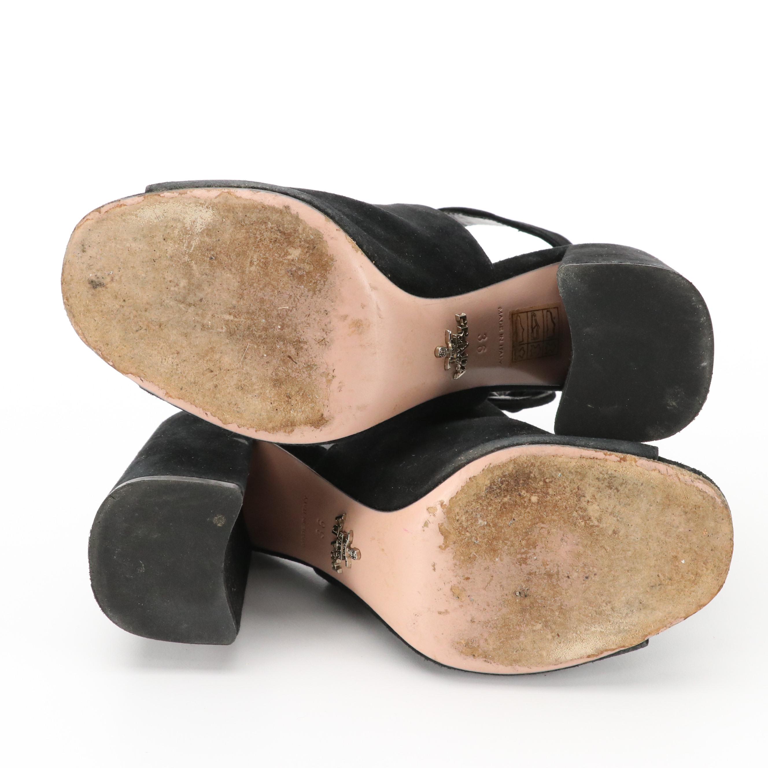 Prada Black Suede Ankle-Strap Block Heel Peep-Toe Sandals