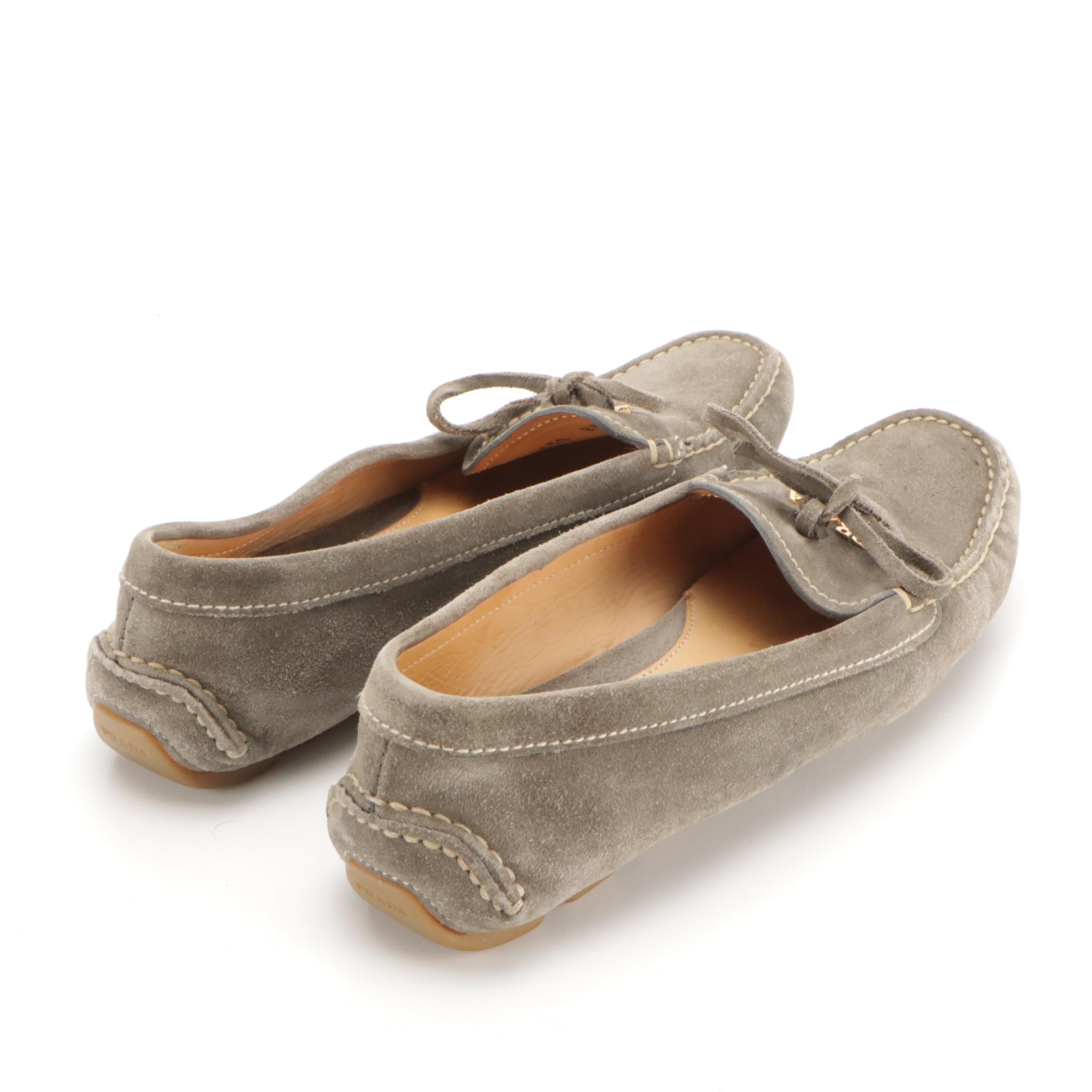 Prada Grey Suede Moccasin Loafers with Bow Details