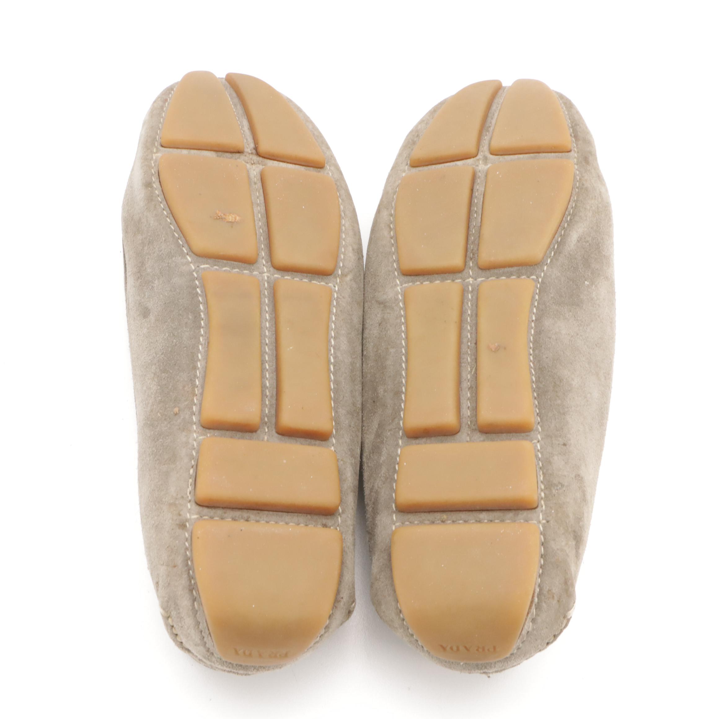 Prada Grey Suede Moccasin Loafers with Bow Details