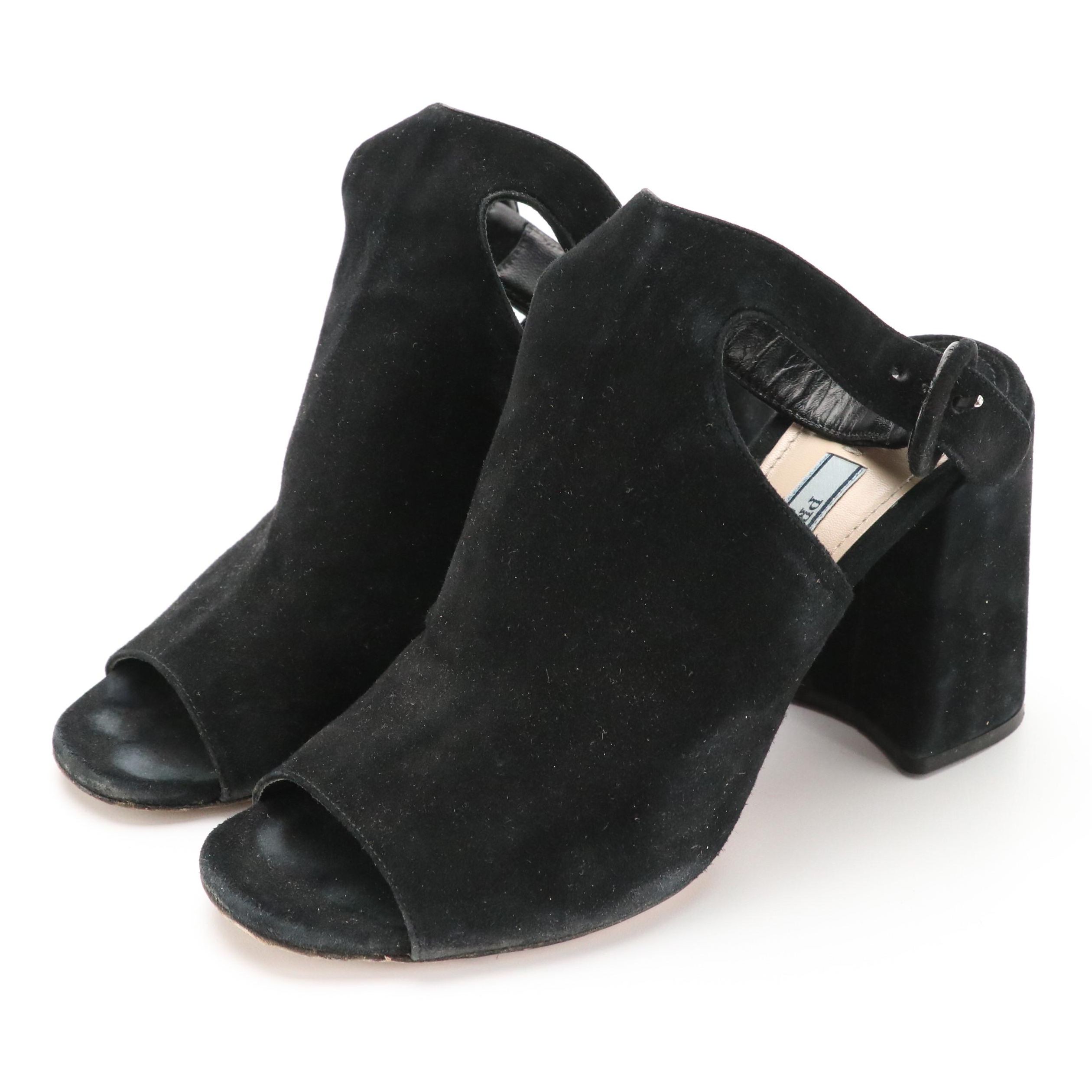 Prada Black Suede Ankle-Strap Block Heel Peep-Toe Sandals