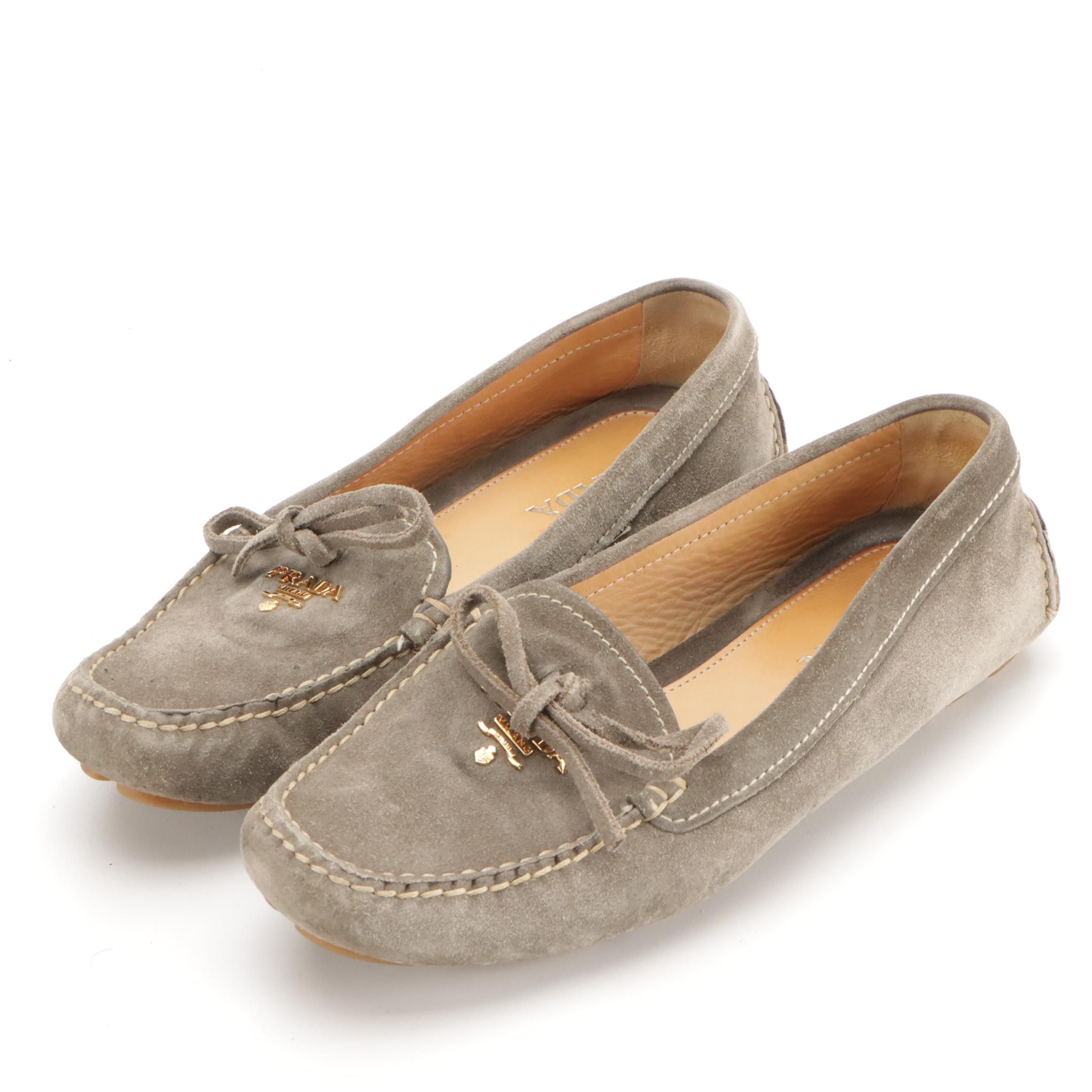 Prada Grey Suede Moccasin Loafers with Bow Details