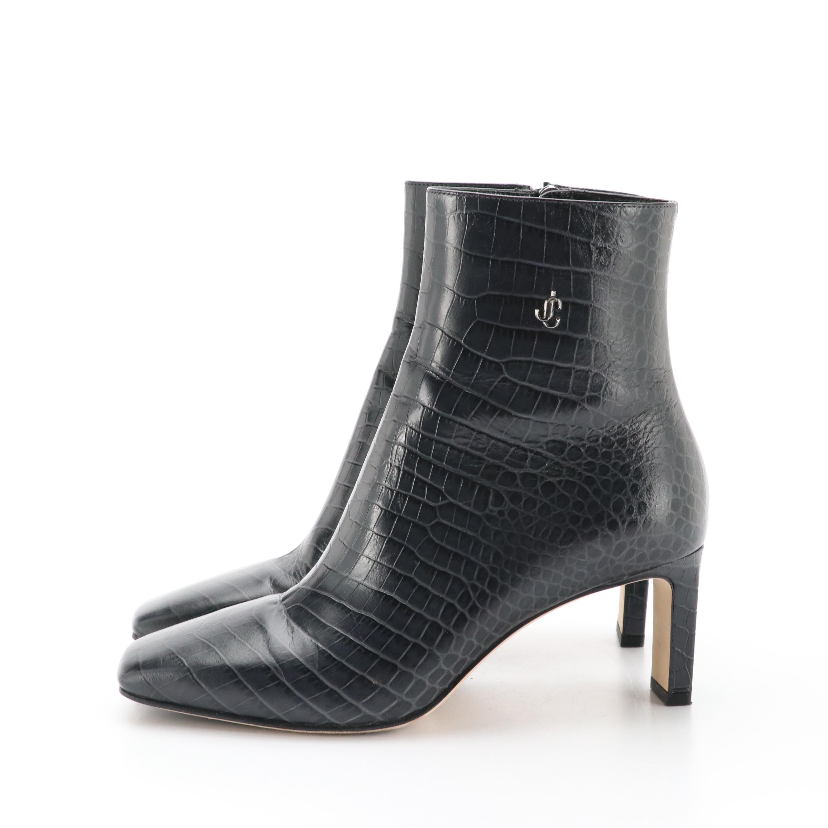Jimmy Choo "Minori" Heeled Booties in Dusk Croc Embossed Leather