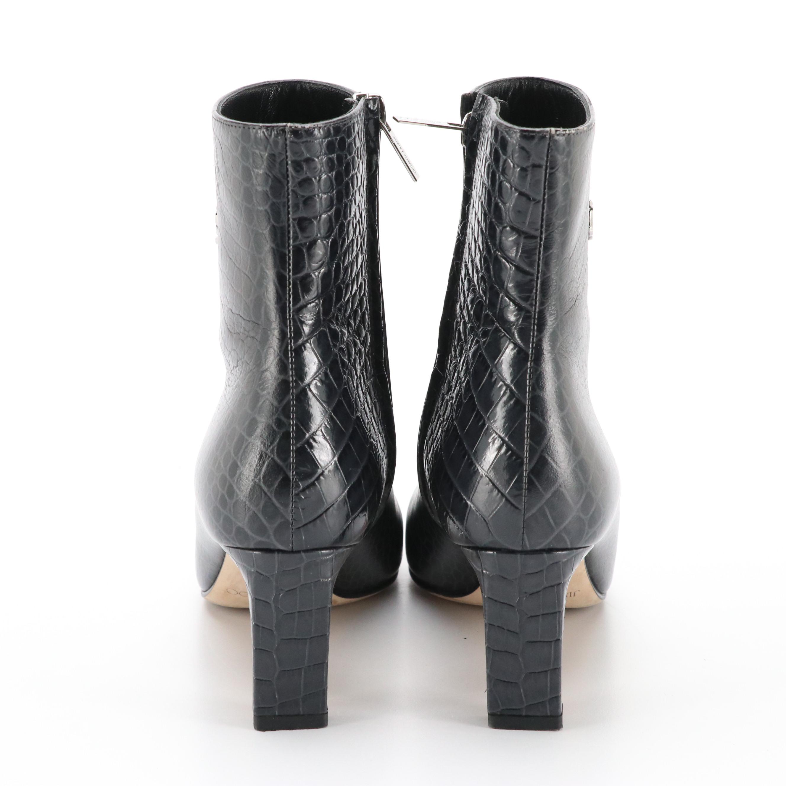 Jimmy Choo "Minori" Heeled Booties in Dusk Croc Embossed Leather