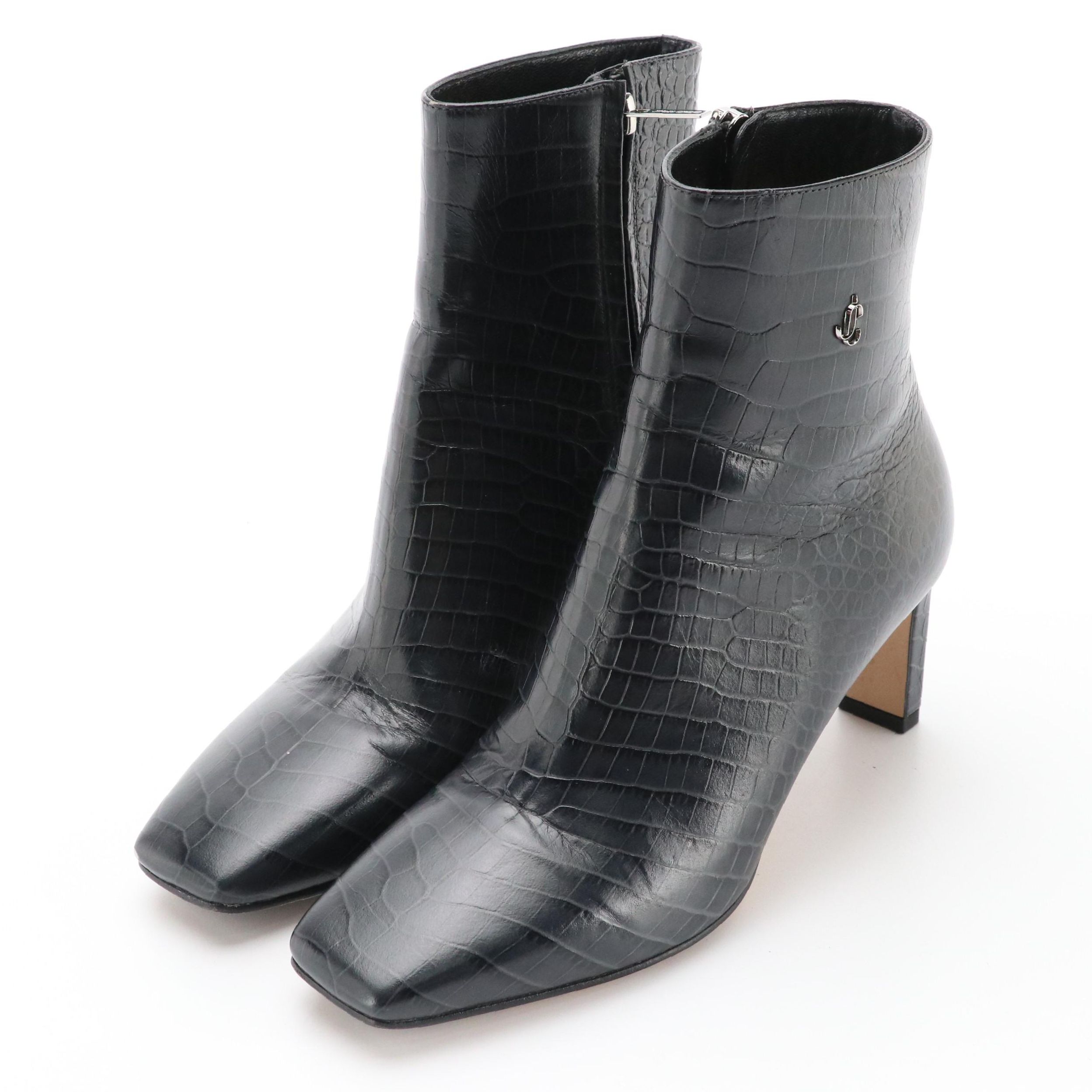 Jimmy Choo "Minori" Heeled Booties in Dusk Croc Embossed Leather