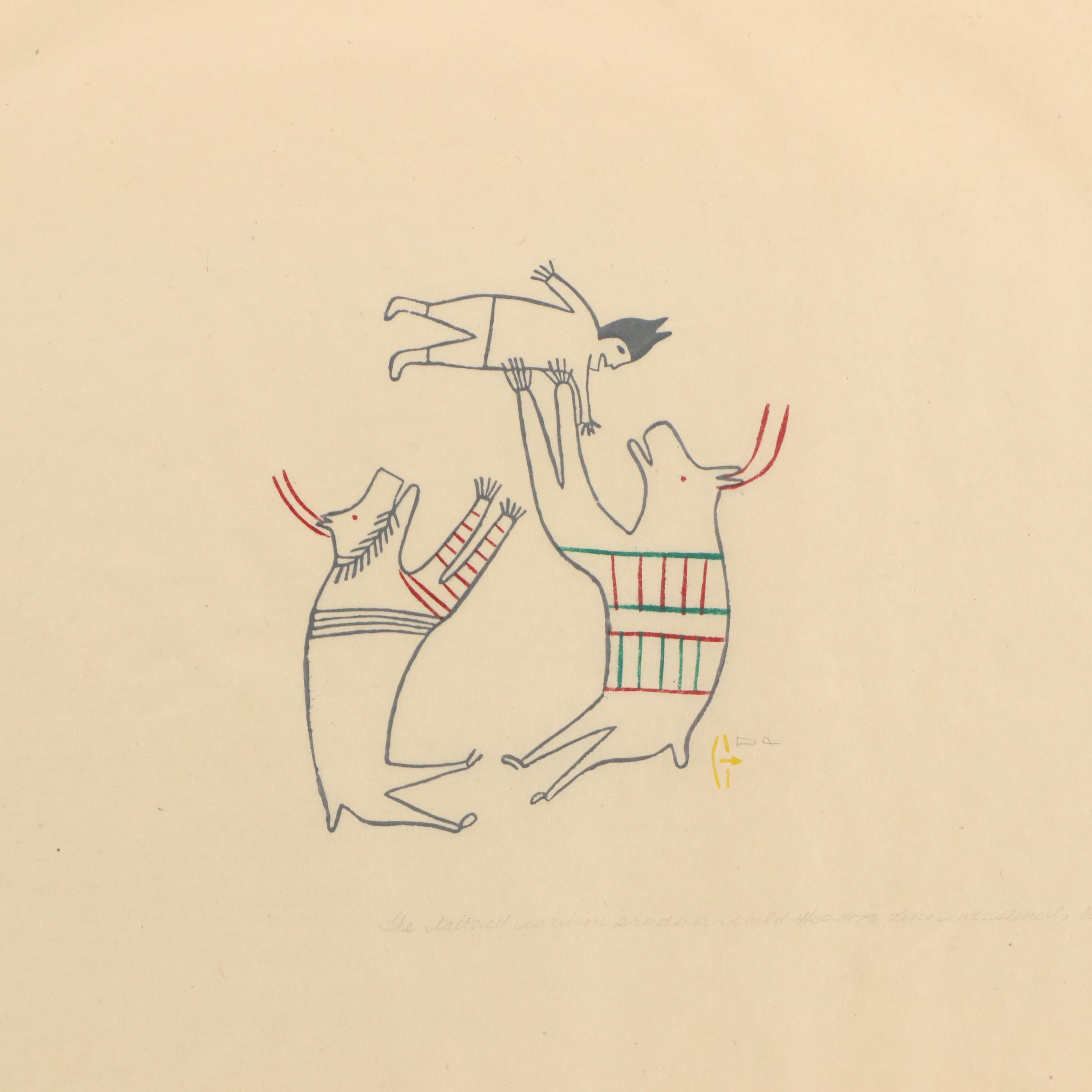 Jessie Oonark Mixed Media Print "The Tattooed Caribou Prods a Child," 1979