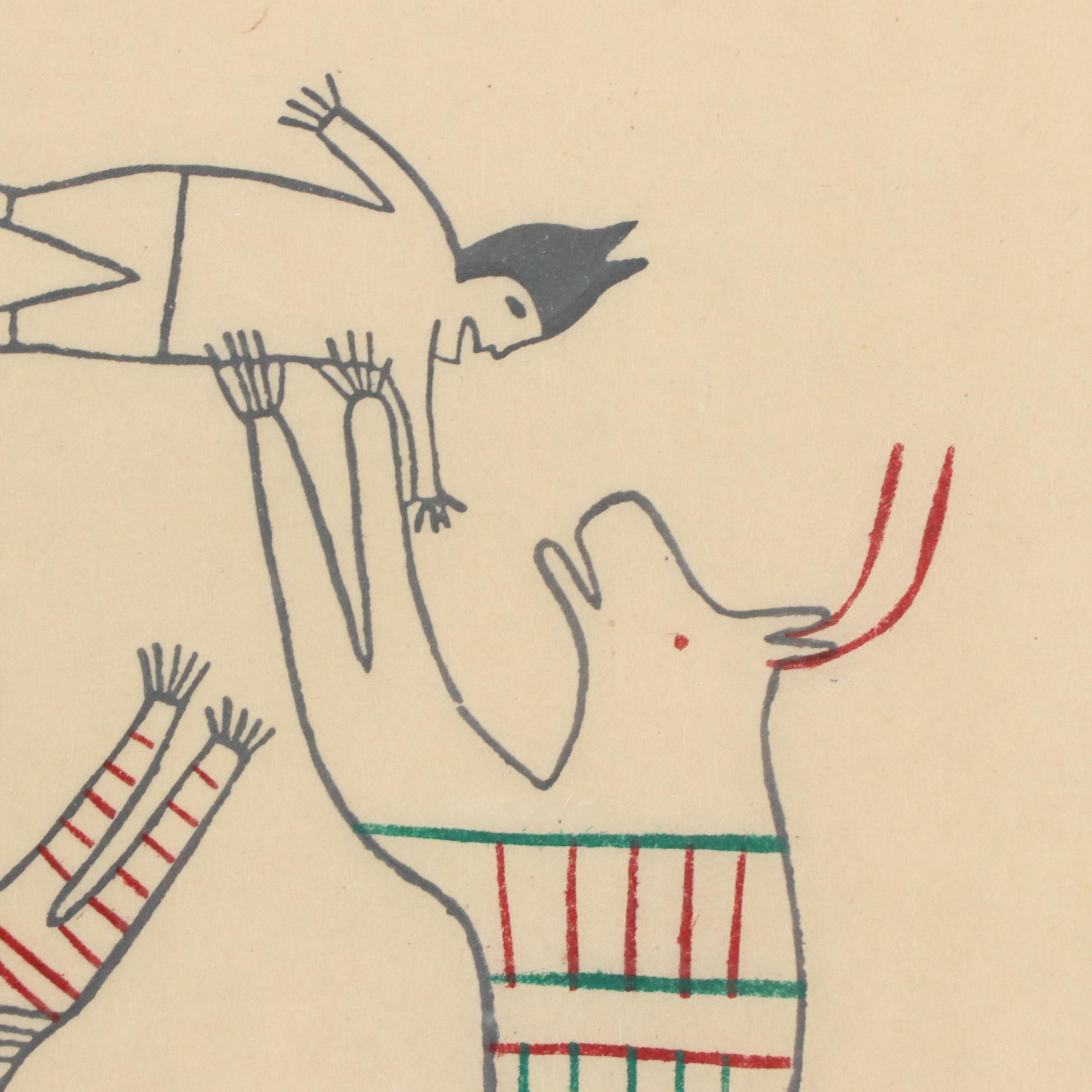 Jessie Oonark Mixed Media Print "The Tattooed Caribou Prods a Child," 1979