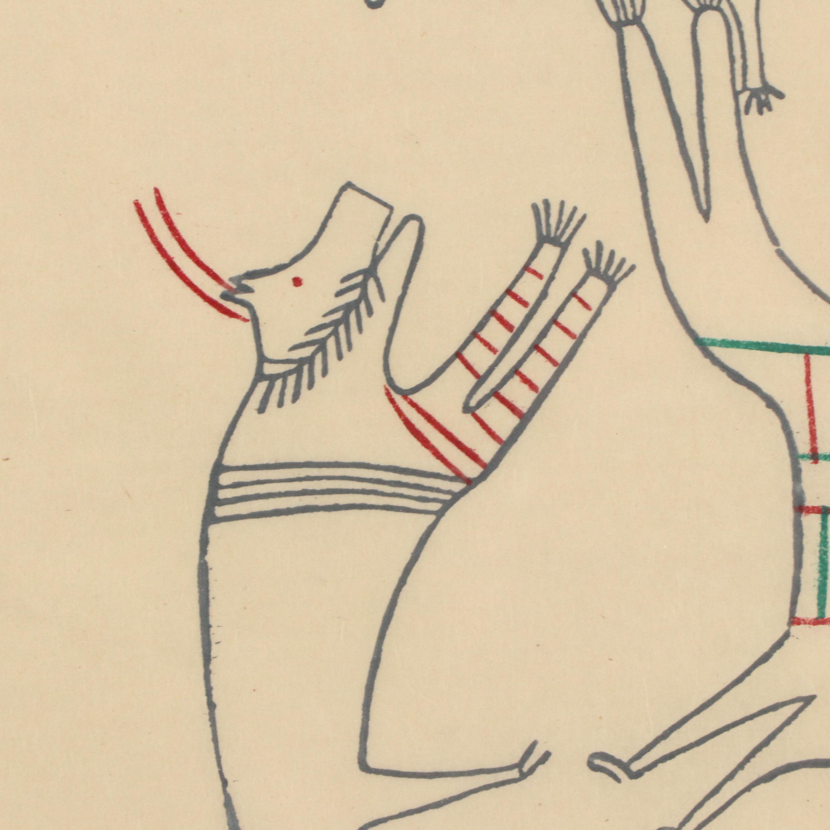 Jessie Oonark Mixed Media Print "The Tattooed Caribou Prods a Child," 1979