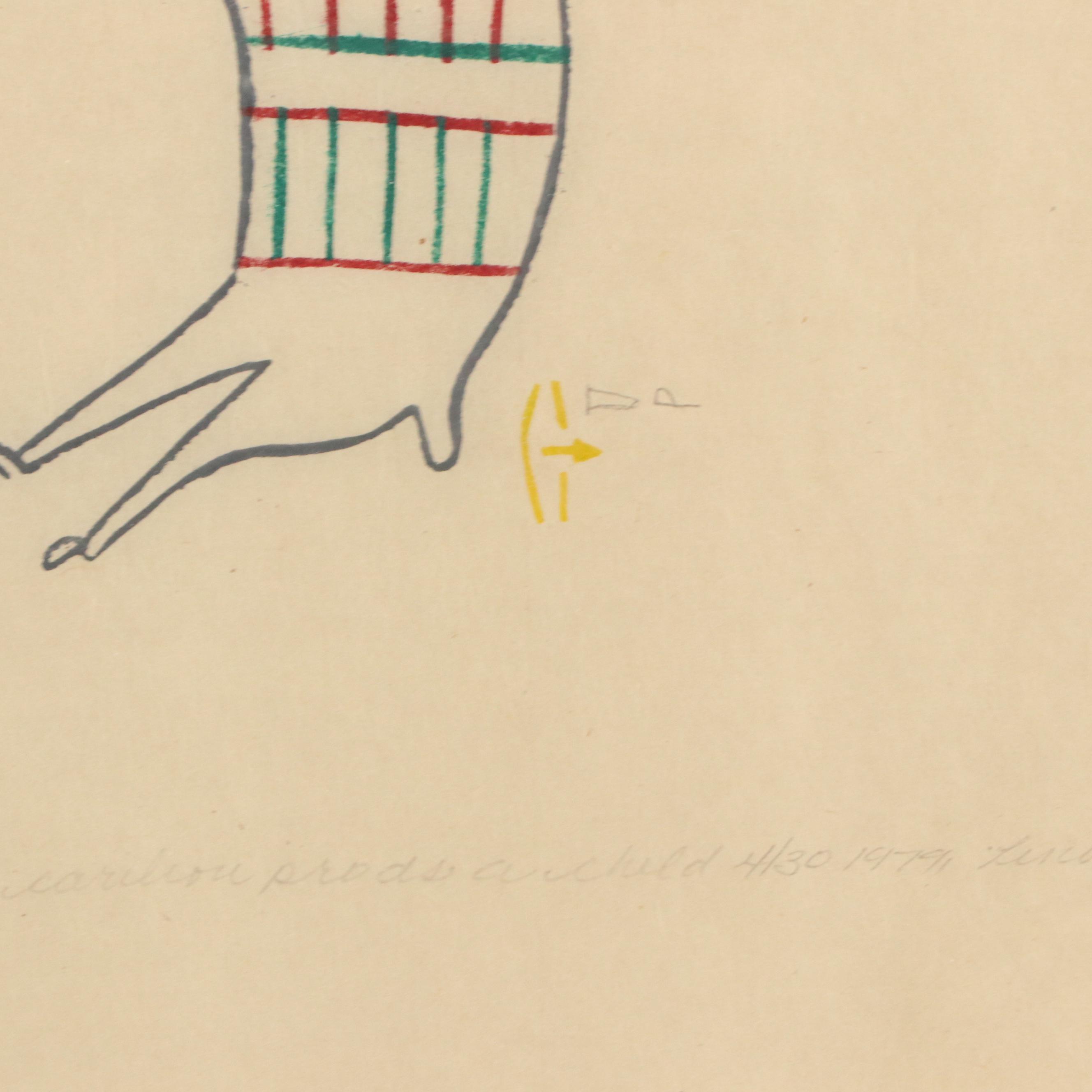 Jessie Oonark Mixed Media Print "The Tattooed Caribou Prods a Child," 1979