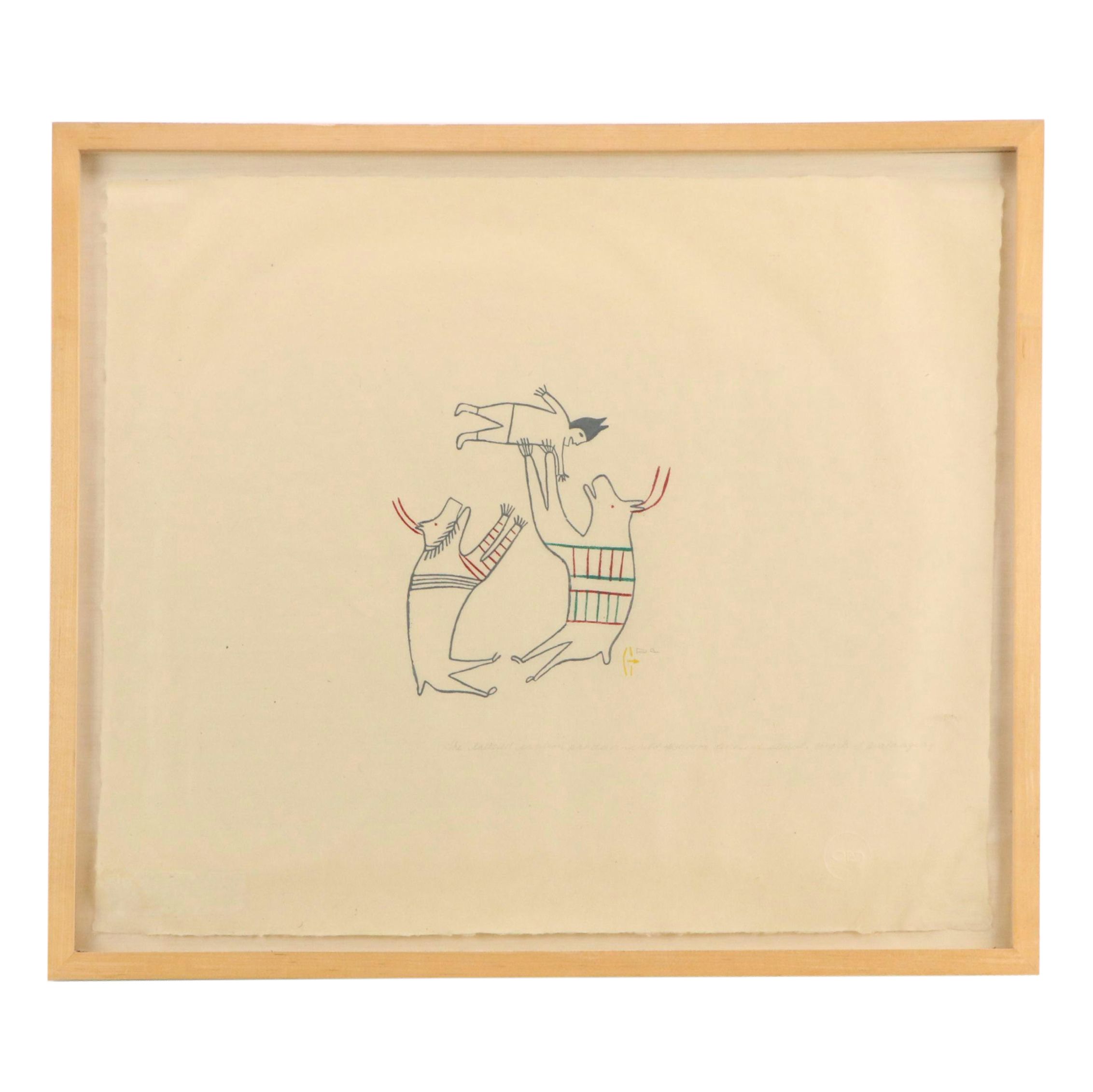 Jessie Oonark Mixed Media Print "The Tattooed Caribou Prods a Child," 1979