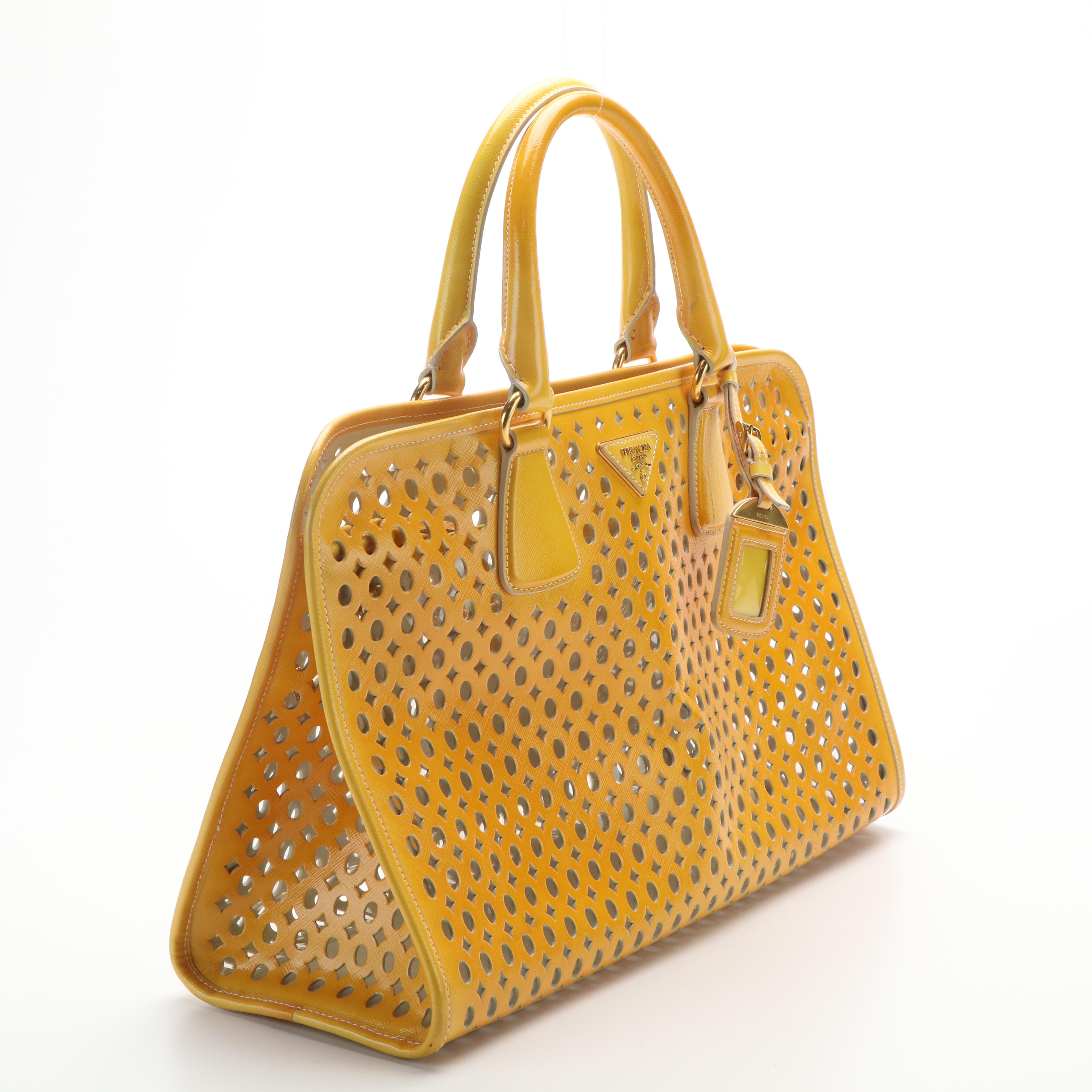 Prada Vernice Perforated Handle Bag in Lazer Cut Yellow Leather