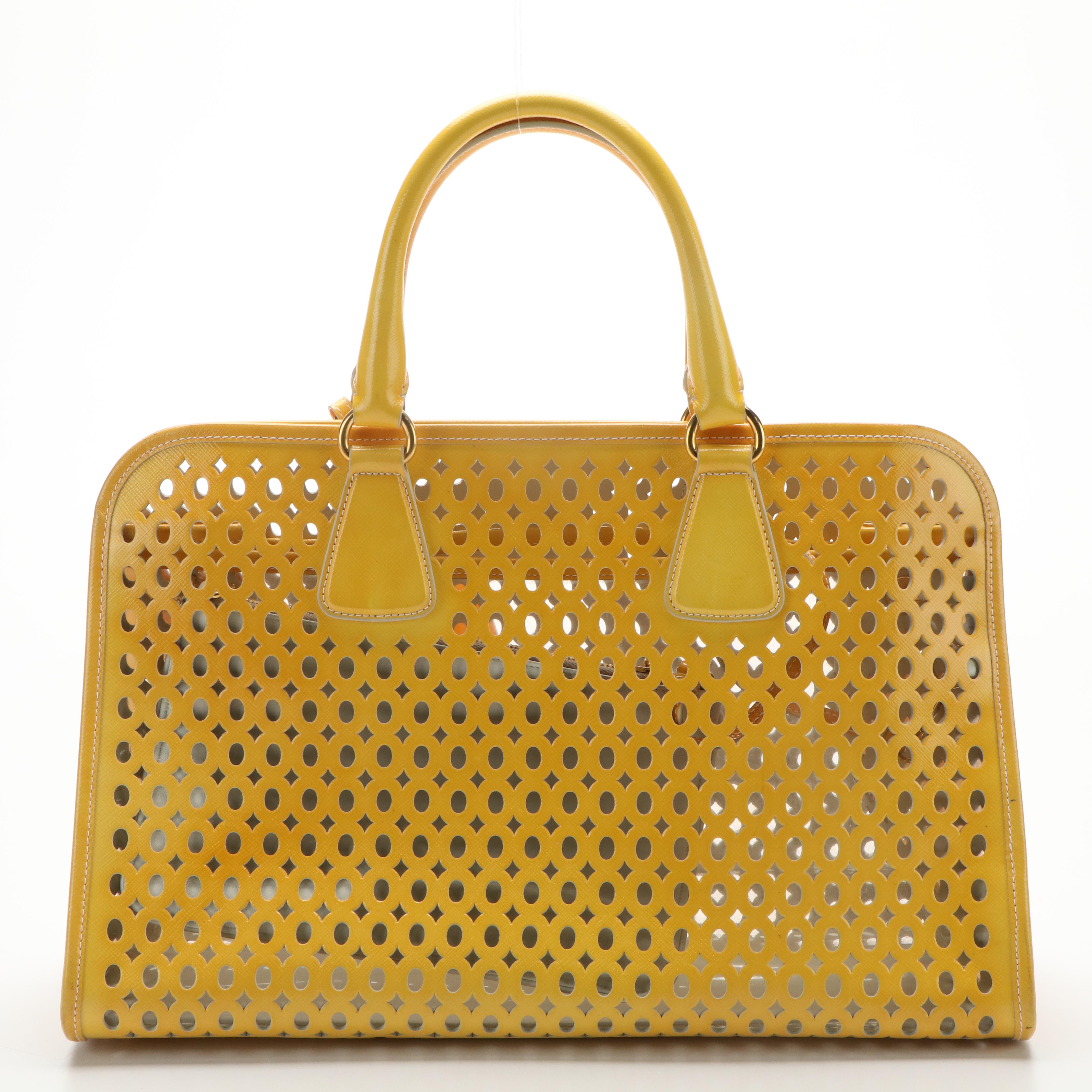 Prada Vernice Perforated Handle Bag in Lazer Cut Yellow Leather