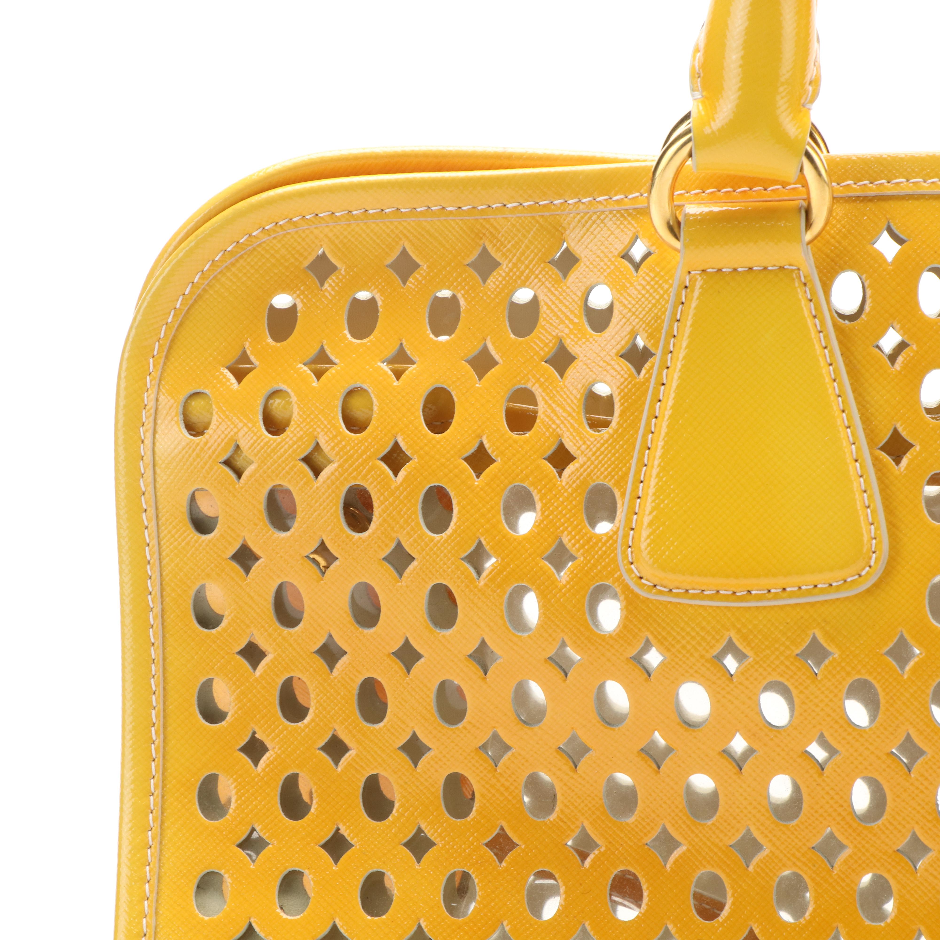 Prada Vernice Perforated Handle Bag in Lazer Cut Yellow Leather