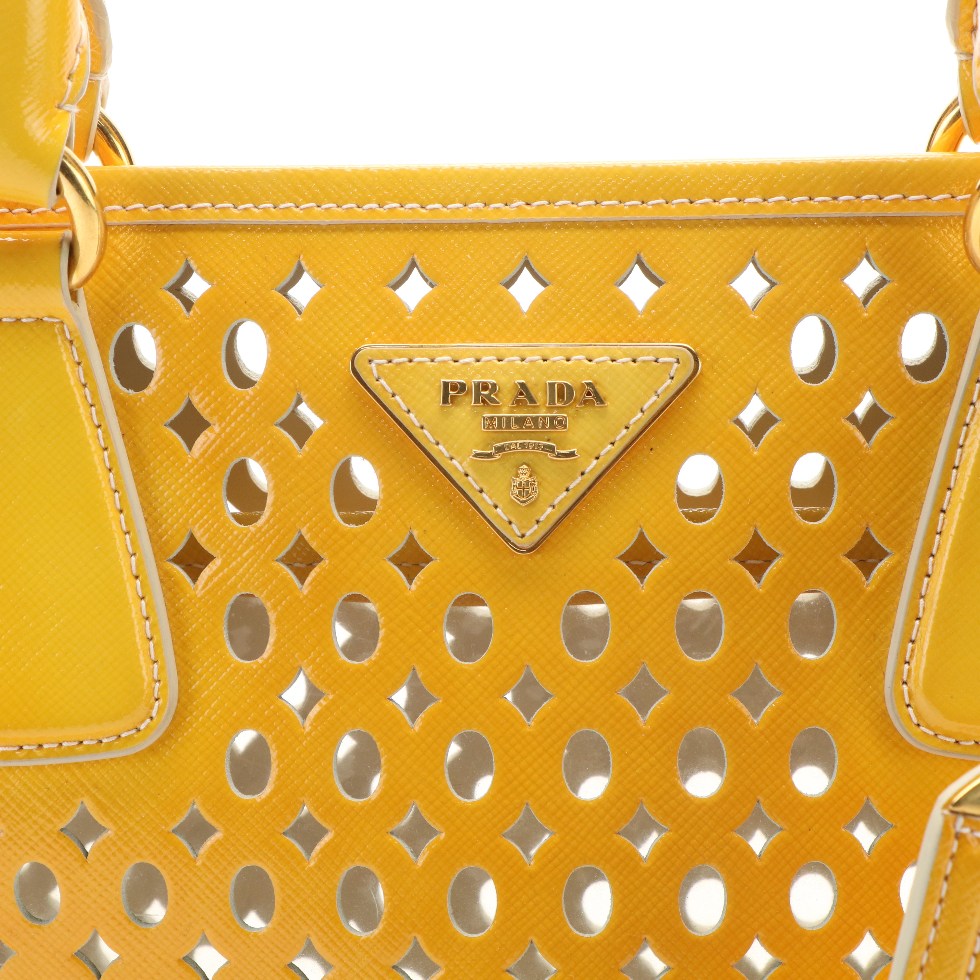 Prada Vernice Perforated Handle Bag in Lazer Cut Yellow Leather