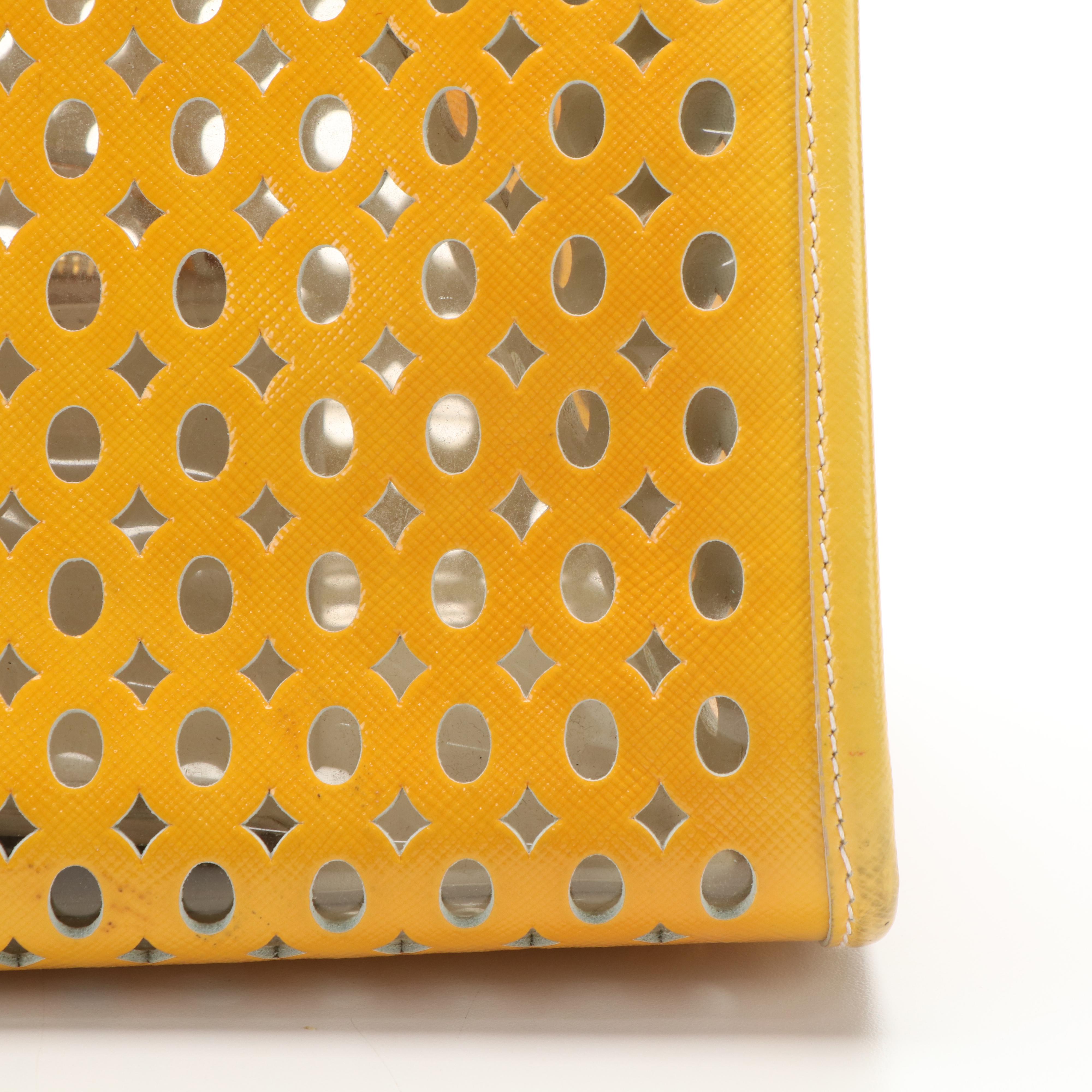 Prada Vernice Perforated Handle Bag in Lazer Cut Yellow Leather