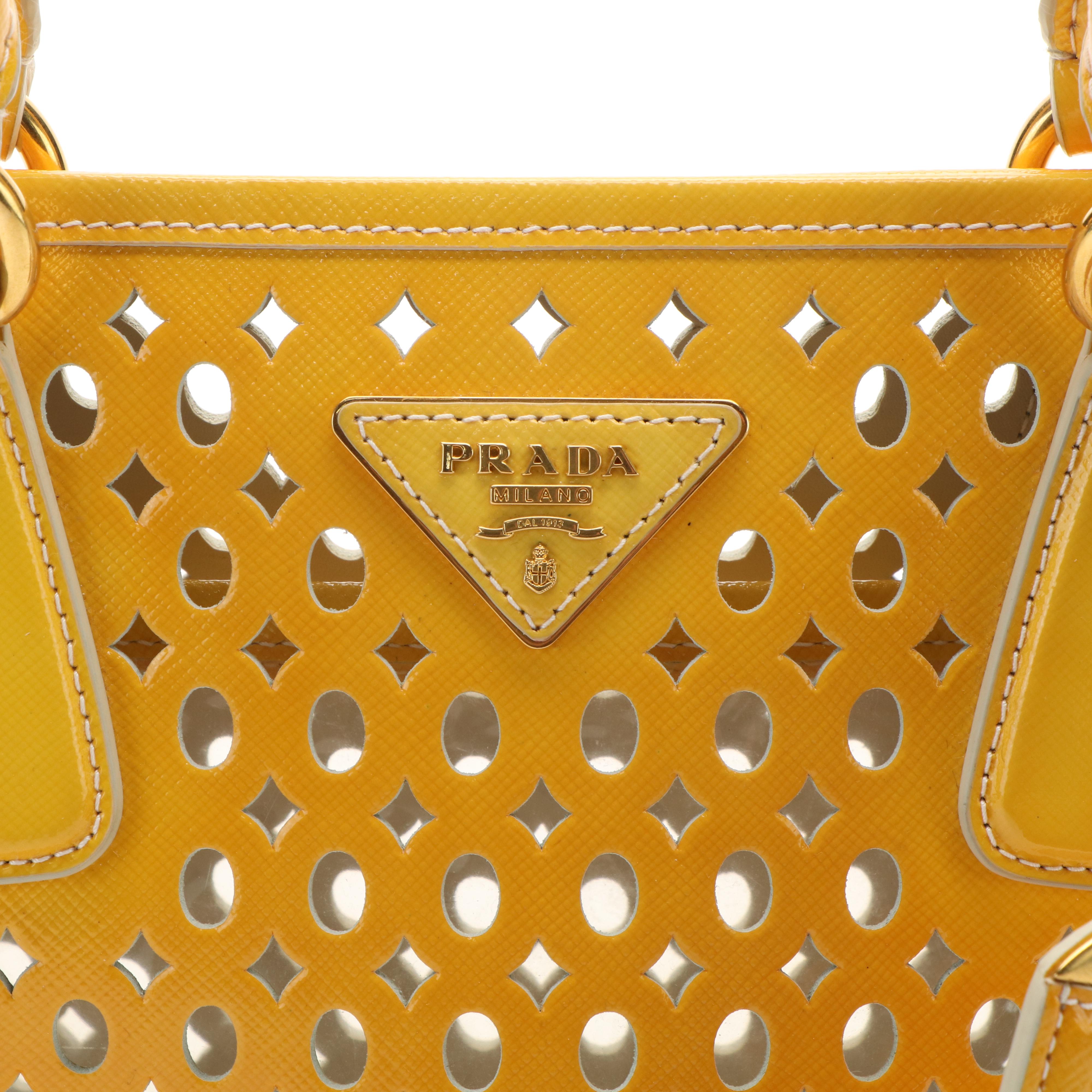 Prada Vernice Perforated Handle Bag in Lazer Cut Yellow Leather
