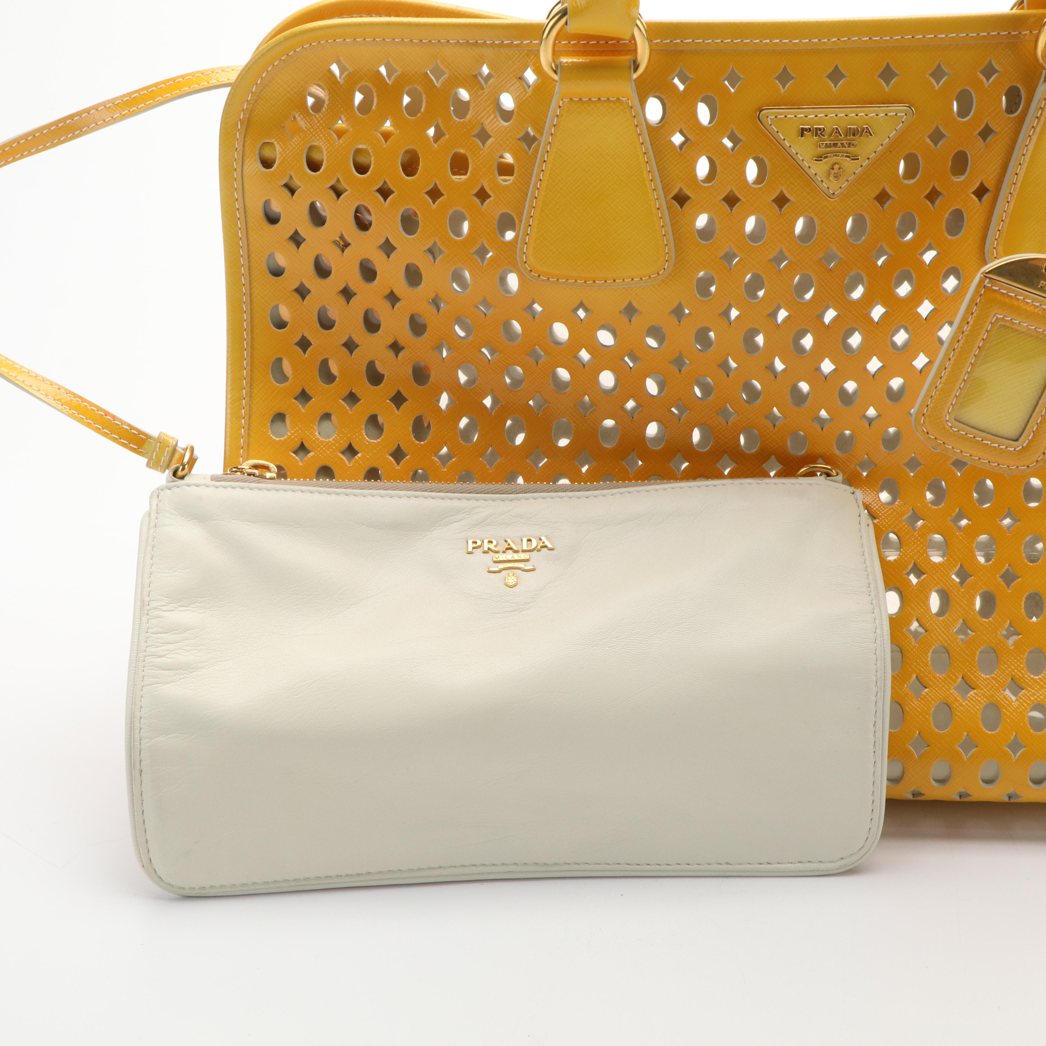 Prada Vernice Perforated Handle Bag in Lazer Cut Yellow Leather
