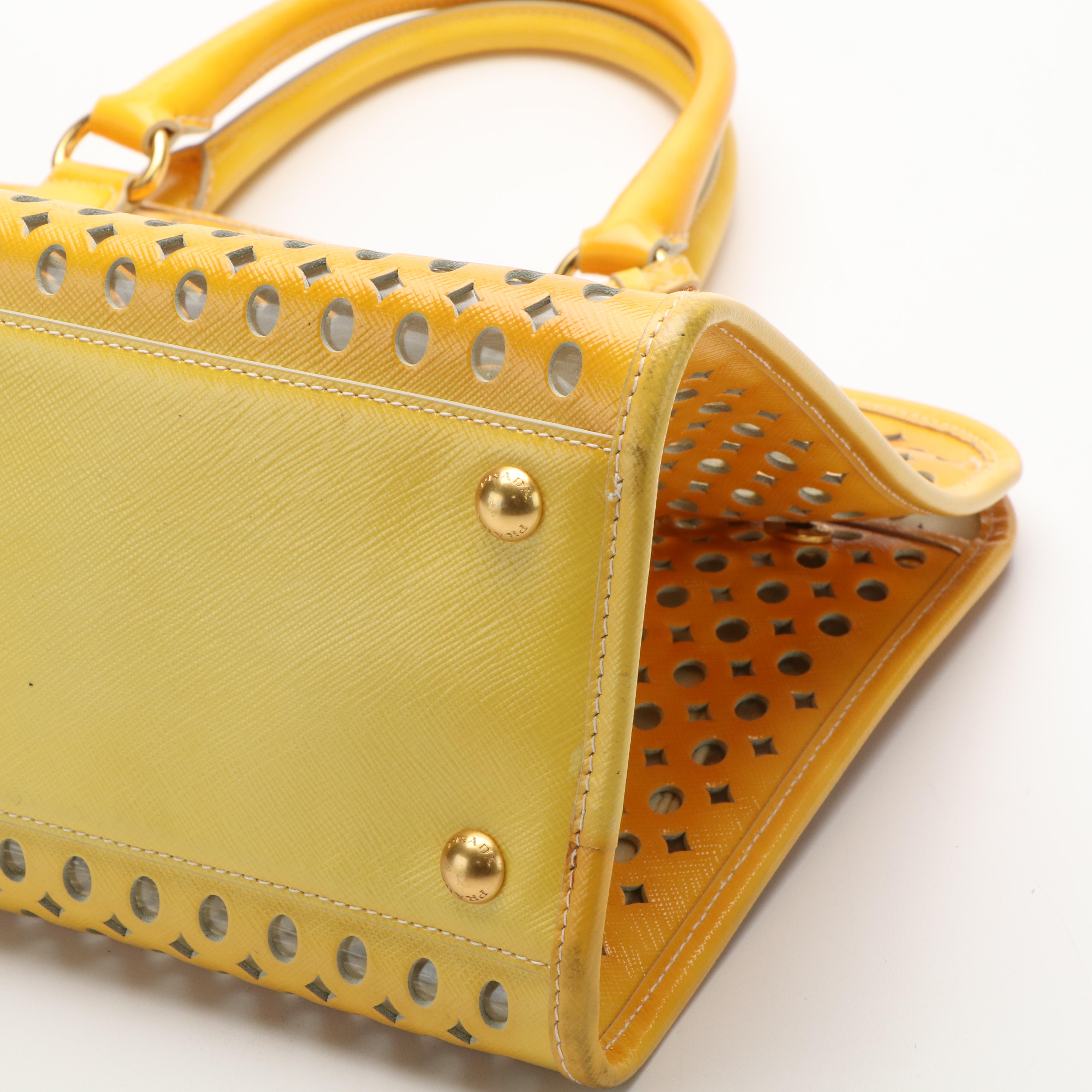 Prada Vernice Perforated Handle Bag in Lazer Cut Yellow Leather